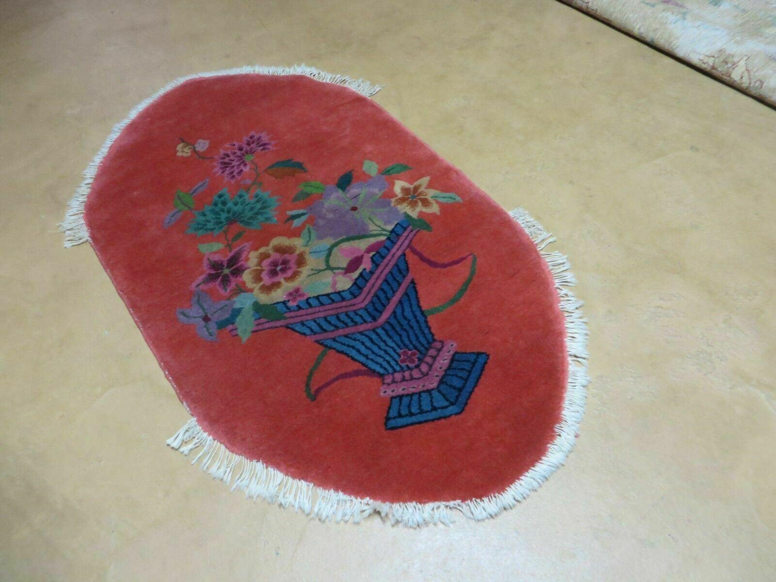 2' X 4' Handmade Antique Chinese Oval Art Deco Nichols Red Wool Rug with Vase & Flowers - Jewel Rugs