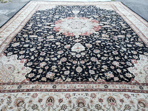 Vintage Palace Sized Black & Ivory Oriental Rug 12x15, Wool w/ Silk , Hand-Knotted Persian Floral Carpet, Fine High Quality Oversized Rug - Jewel Rugs