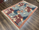 Modern Tibetan Rug 5.7 x 7.9, Abstract Multicolor Flower Pattern, Navy Blue Maroon Salmon, Soft Wool, Hand Knotted Contemporary Carpet 6x8 - Jewel Rugs