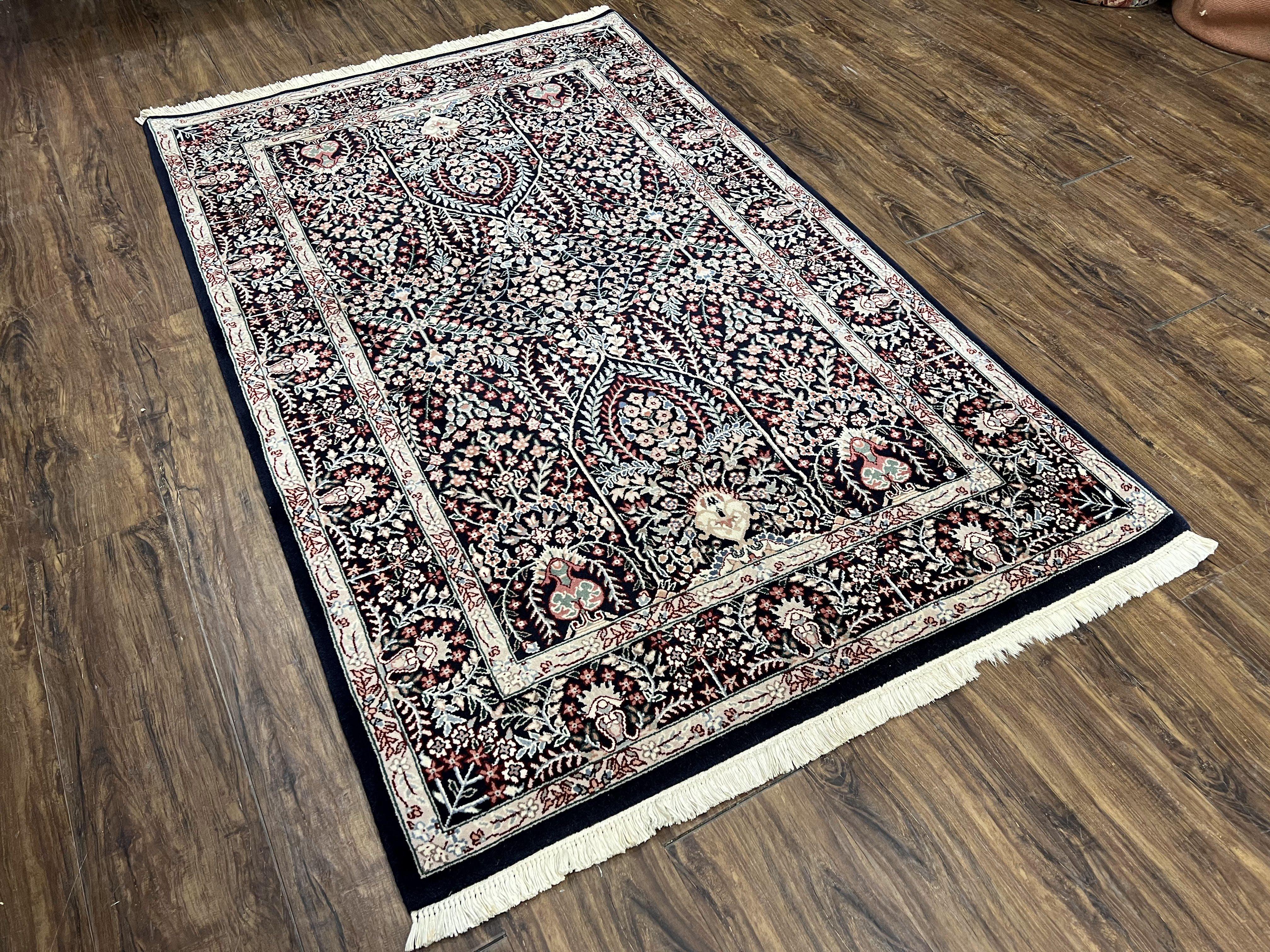 Fine Indo Kirman Persian Rug 3'9" x 6', Floral Allover Millefleurs, Persian Vase Rug Vintage Oriental Carpet Wool Handmade Black Indian Rug - Jewel Rugs