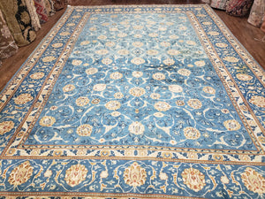 Semi Antique Persian Kashan Rug, Afshan Design, Blue and Ivory, Hand-Knotted, Wool, 8'9" x 12' 6" - Jewel Rugs
