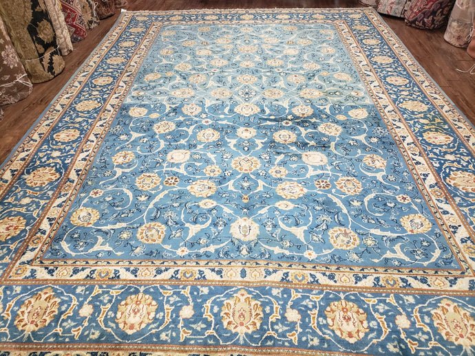 Semi Antique Persian Kashan Rug, Afshan Design, Blue and Ivory, Hand-Knotted, Wool, 8'9