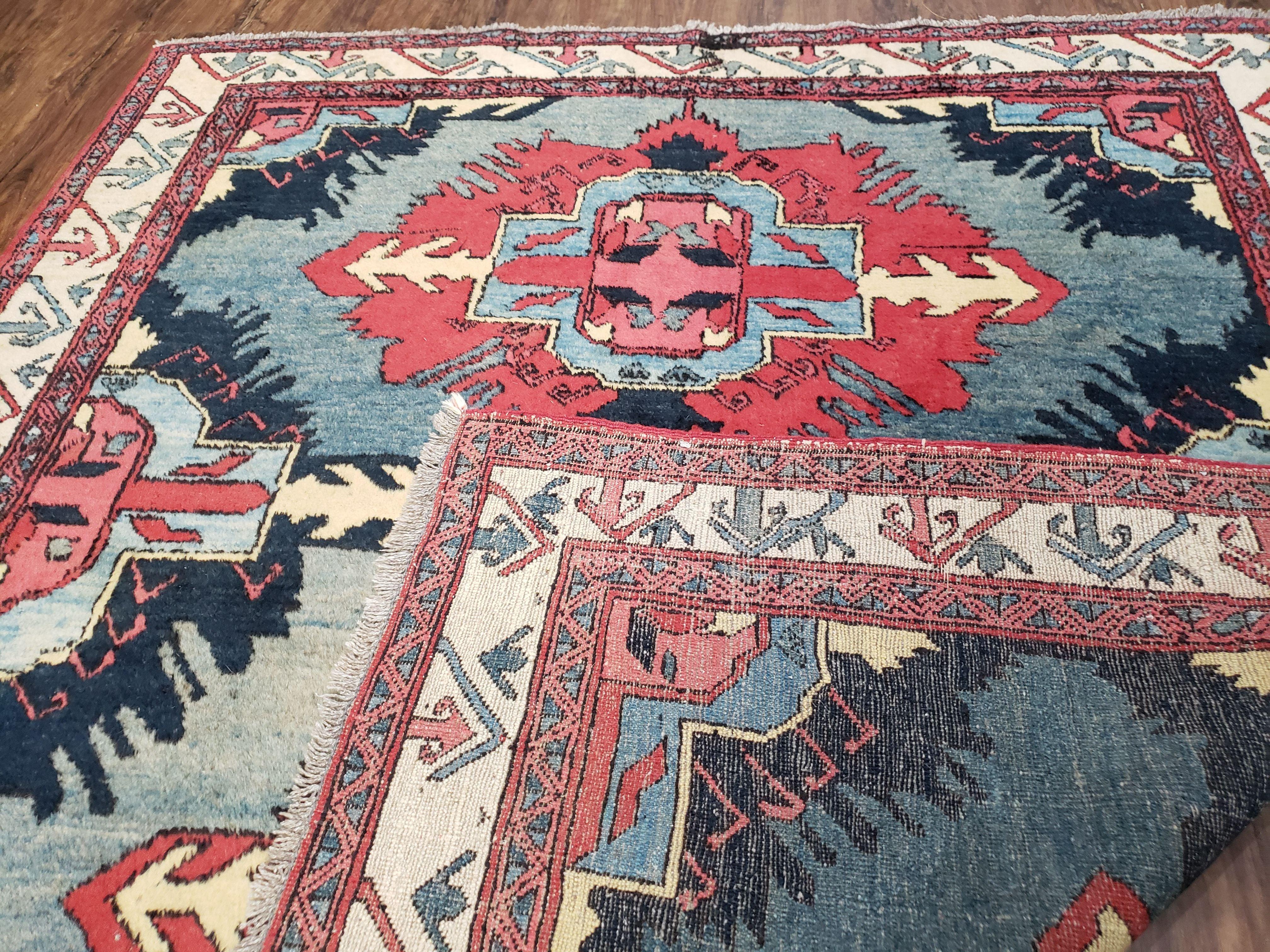 5 x 5.6 Vintage Top Quality Turkish Area Rug Handmade Geometric Blue Square Rug - Jewel Rugs