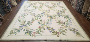 Vintage Chinese Needlepoint Area Rug 8x10, Flatweave Aubusson Carpet 8 x 10, Wool Hand-Knotted Ivory & Green Leaves Floral Aubusson Rug - Jewel Rugs