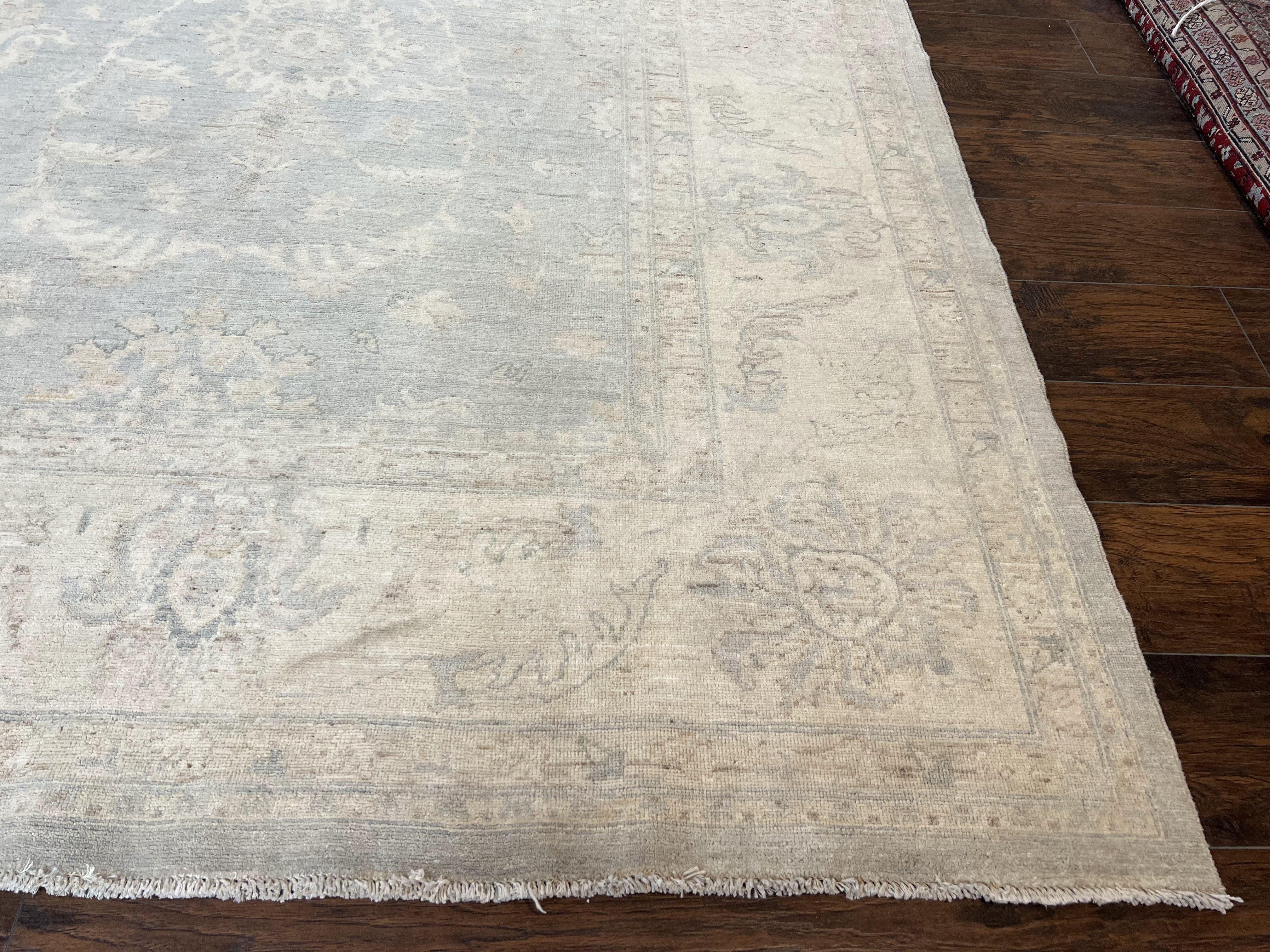 Turkish Rug 10x14 Oushak Carpet 10 x 14 Farmhouse Rug, Vintage Rug for Contemporary Modern Home, Neutral Colors, Light Gray-Blue Ivory, Wool - Jewel Rugs