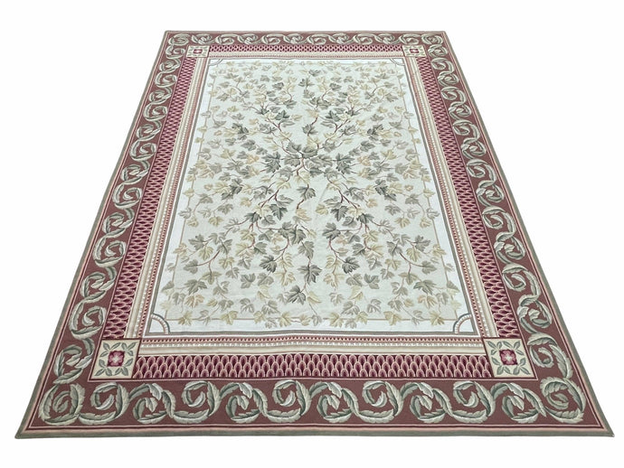 Traditional Aubusson Needlepoint Rug 9 x 12, Flowers, Flatweave Carpet, Hand-Knotted, Brand New, Cream Color, Green, Maroon Red, Wool - Jewel Rugs