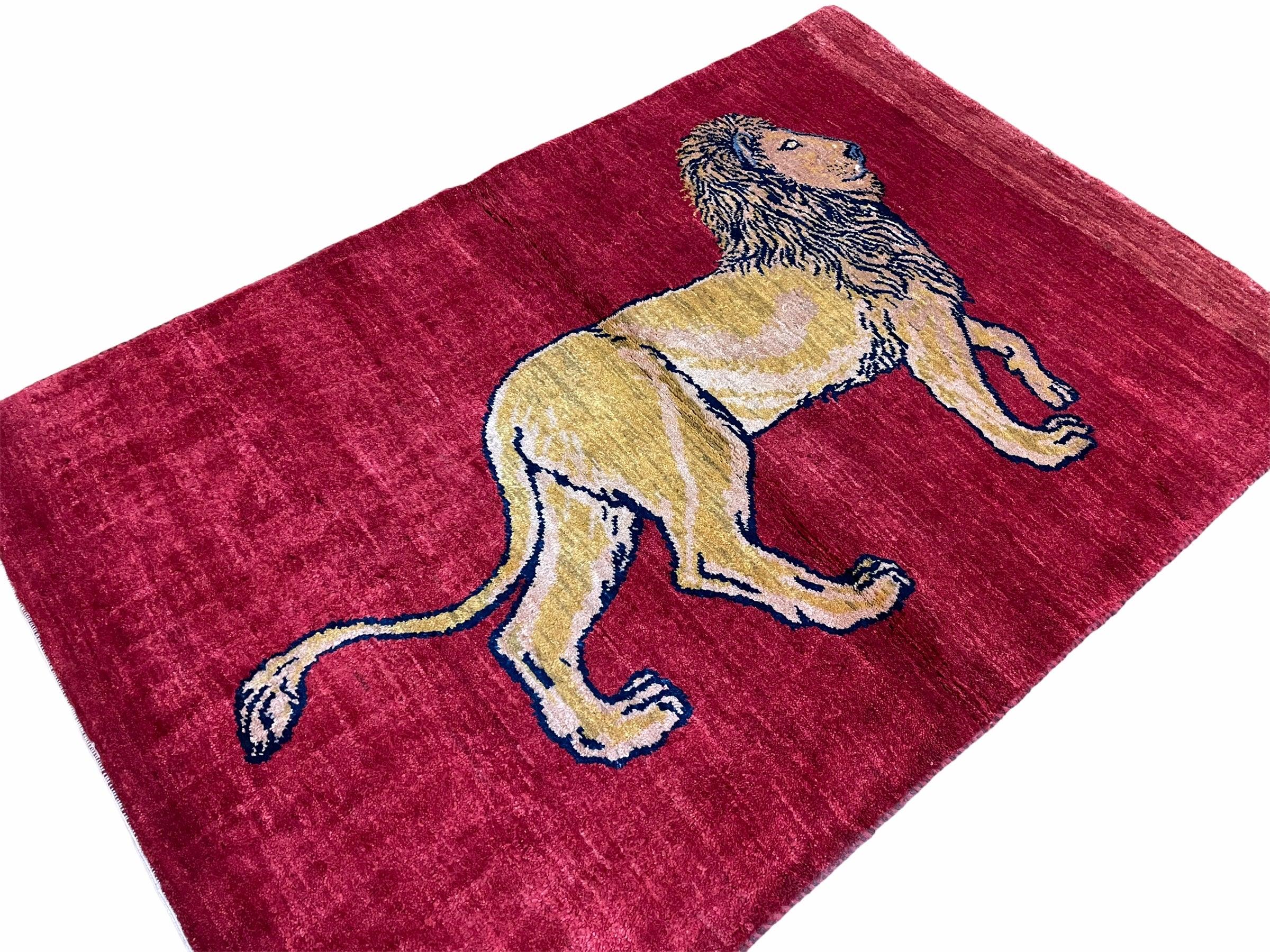 3 X 5 Handmade Hand-Knotted Rug Quality Wool Pictorial Lion Red Organic Dyes - Jewel Rugs