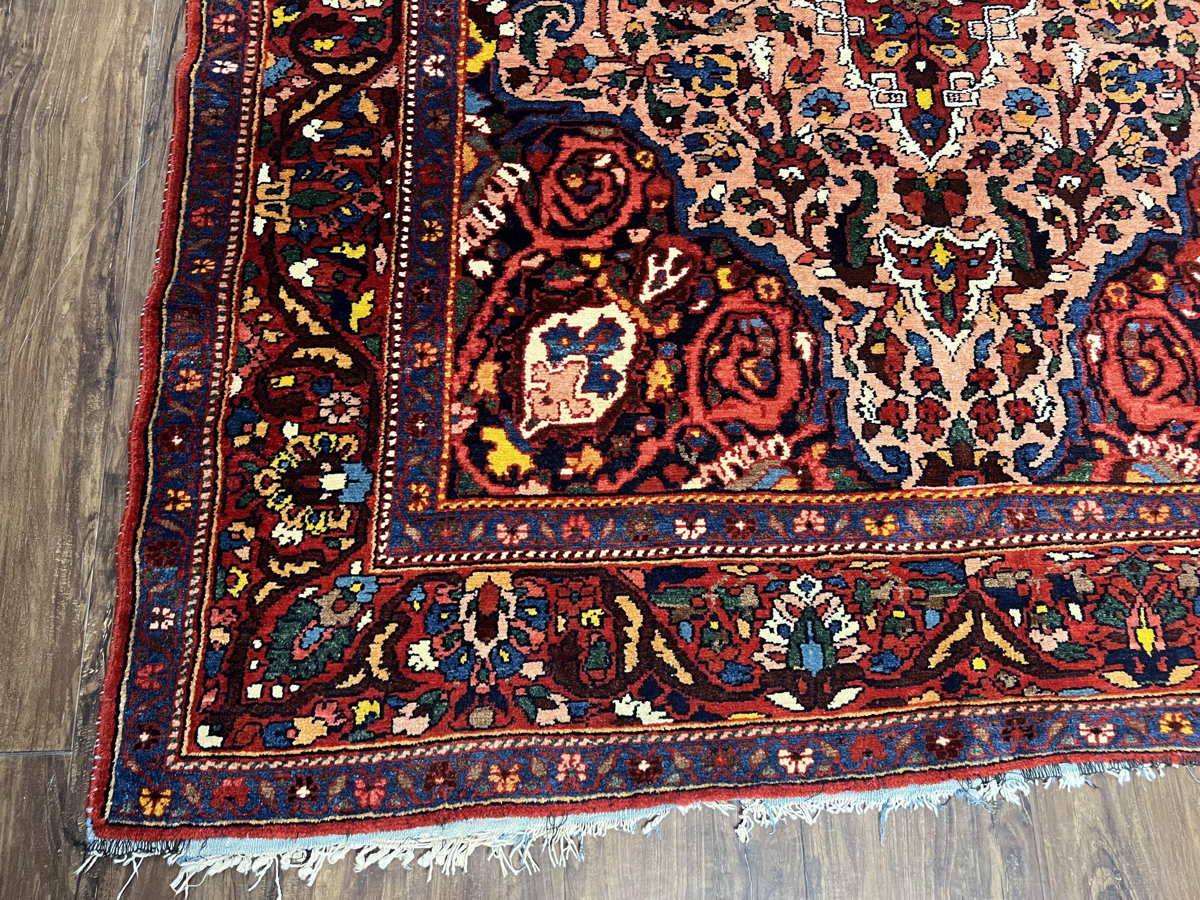 Antique Persian Bakhtiari Rug 5x6 ft, Village Rug, Vegetable Dyed, Red Midnight Blue Gold Tan, Hand Knotted Wool Carpet, Floral Medallion - Jewel Rugs