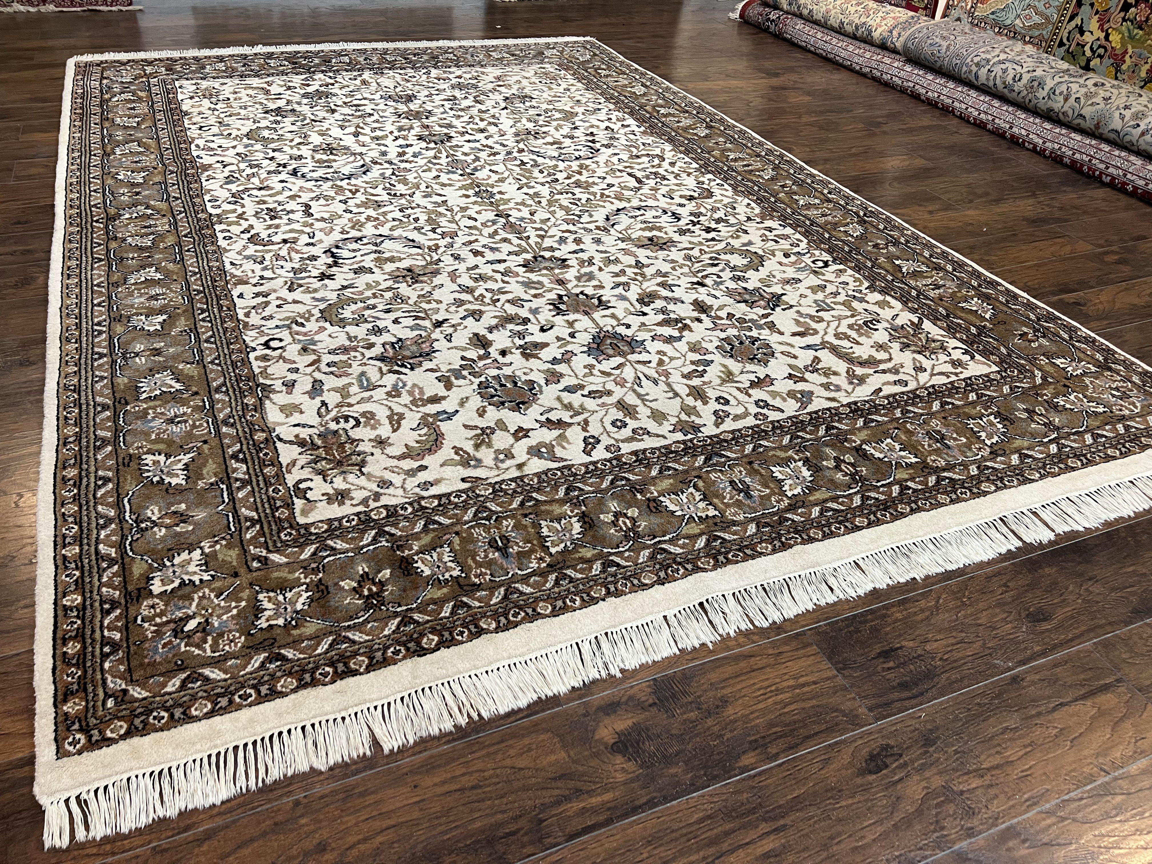 Indo Kirman Rug 8x12 Allover Floral Design, Ivory/Cream Brown, Vintage Handmade Hand Knotted Rug, Traditional Wool Persian Carpet 8 x 12 - Jewel Rugs