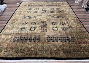 Indo Persian Rug 9x12, Vintage Area Rug 9 x 12, Wool Hand-Knotted Oriental Carpet, Panel Design, Tea Washed Rug, Brown/Tan Black, Indian Rug - Jewel Rugs