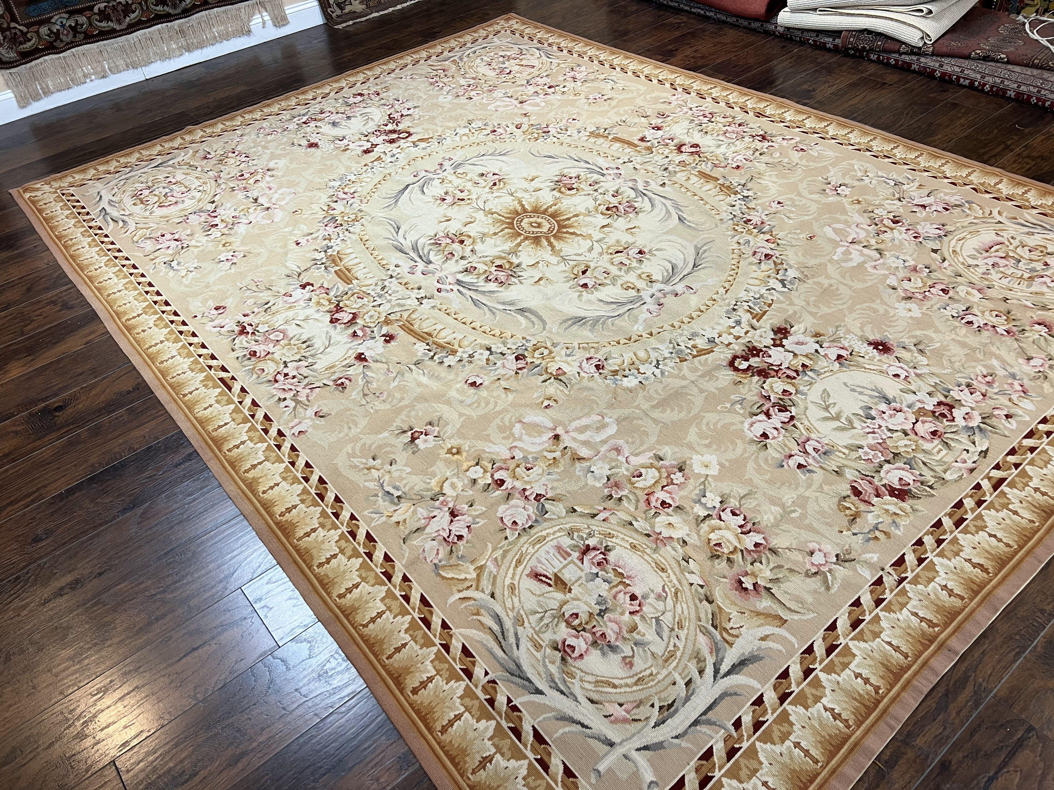 Aubusson Rug 9x12, Elegant Savonnerie Carpet 9 x 12 ft, Beige Ivory Tan, Floral, Flatweave Wool Handmade Area Rug 9 x 12 ft, European French - Jewel Rugs