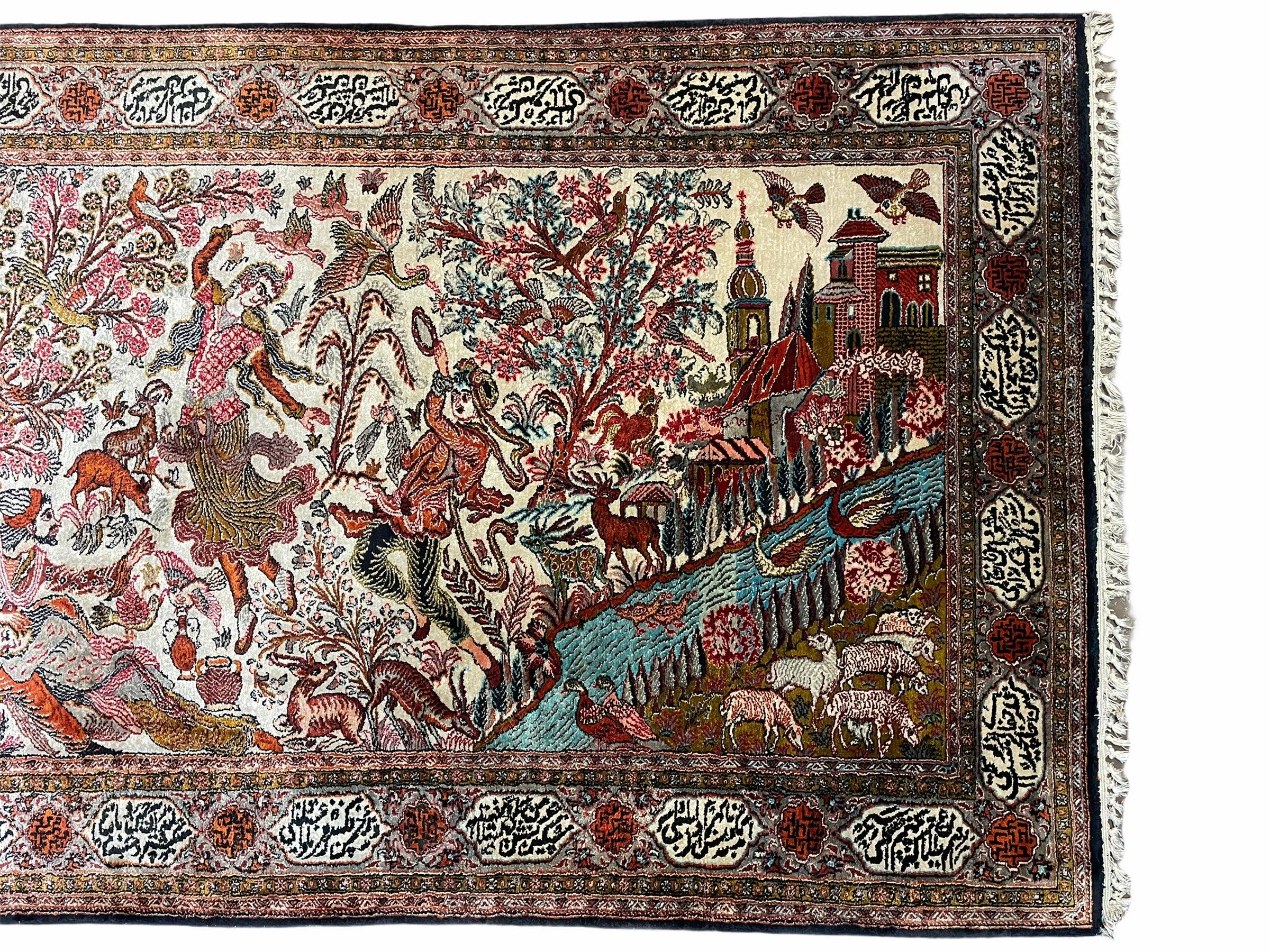 Silk Rug, Silk Persian Rug, Fine Persian Silk Rug, Silk Carpet, Handmade Persian Rug 3x5, Persian Pictorial Rug, Birds Flowers River Lovers - Jewel Rugs