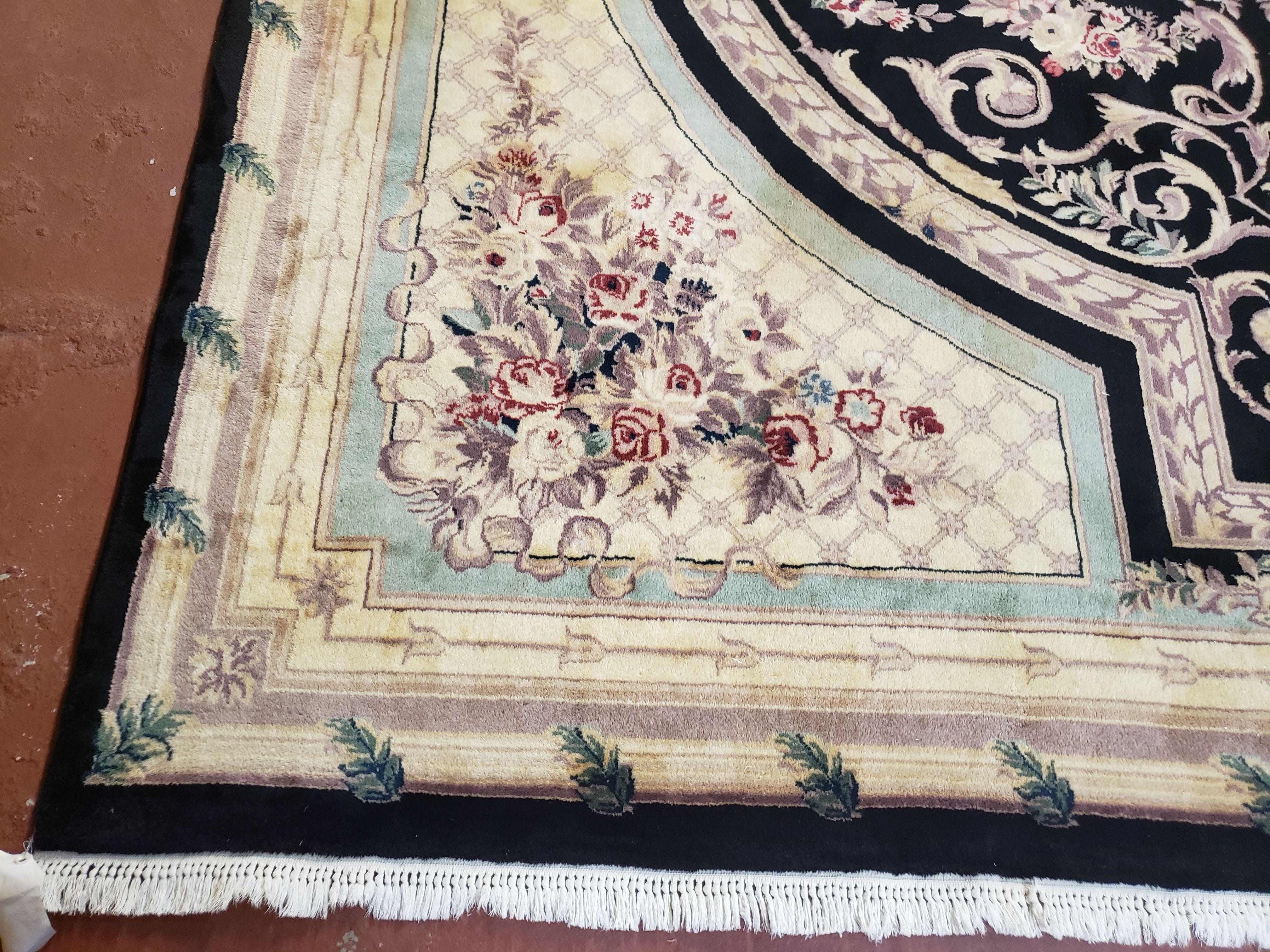 8x10 Aubusson Rug, Fine Hand Knotted Wool Carpet, French European Design, Black & Ivory - Jewel Rugs