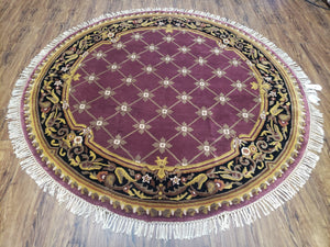 6ft Round Mauve Hand-Knotted Vintage Carpet, Nepalese Aubusson Area Rug 6x6, Wool Hand-Knotted Red/Purple & Black Circular Rug 6 x 6 ft - Jewel Rugs
