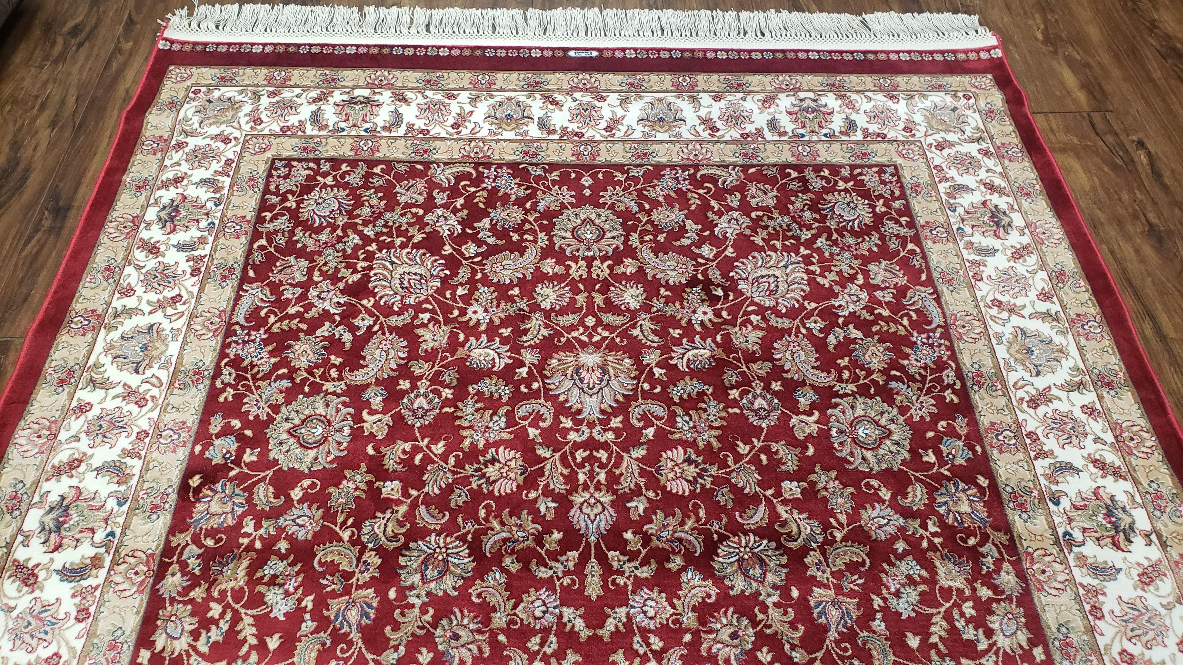 Dark Red Silk Carpet 4 by 6 Oriental Rug, Cream, Allover Pattern, Persian Design, Bamboo Silk, Mint Condition, Super Soft, Fine, Top Quality - Jewel Rugs