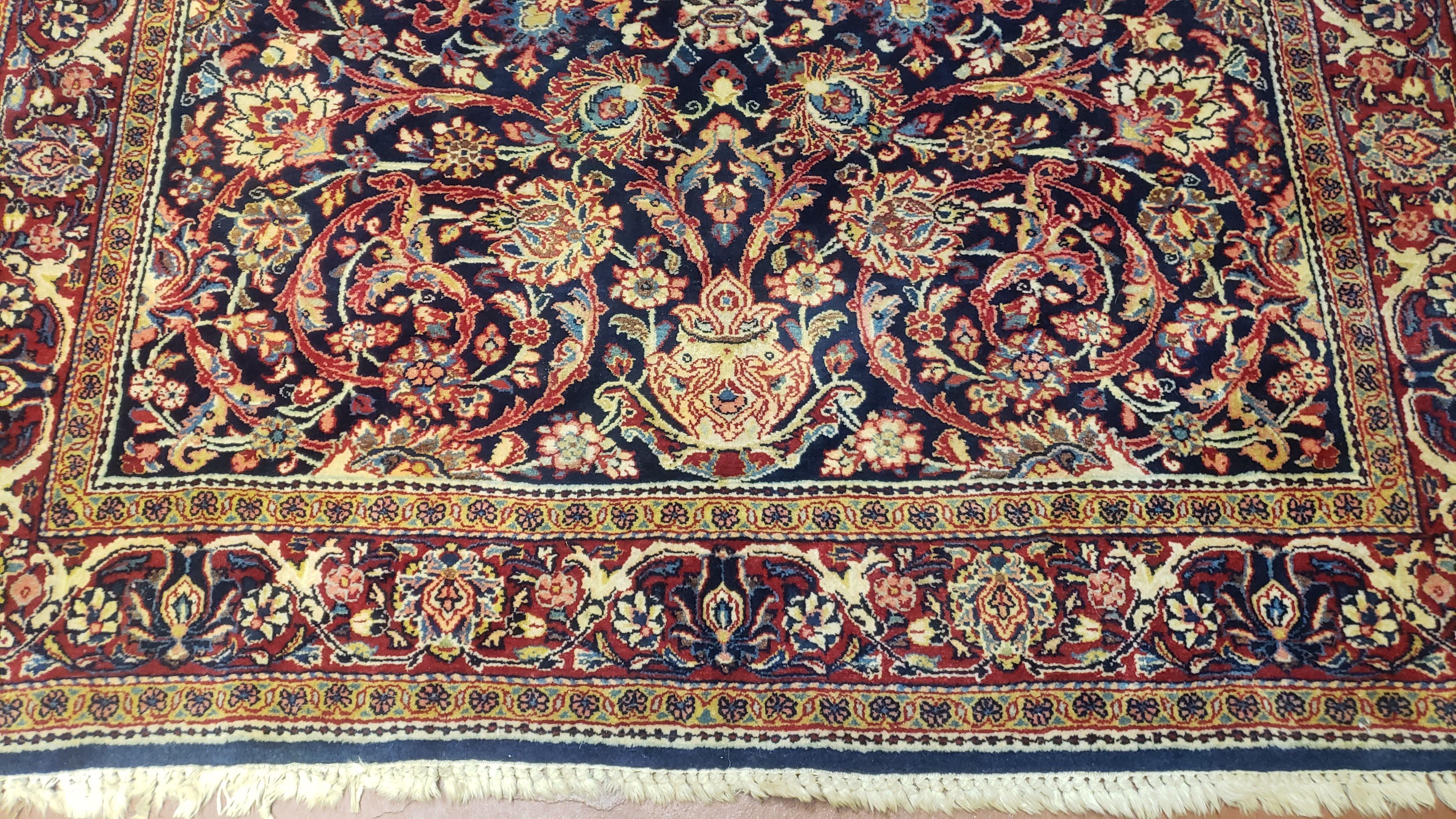 Vintage Persian Kashan Rug, Hand-Knotted, Wool, Dark Blue and Dark Red, 4' 4" x 6' 9" - Jewel Rugs