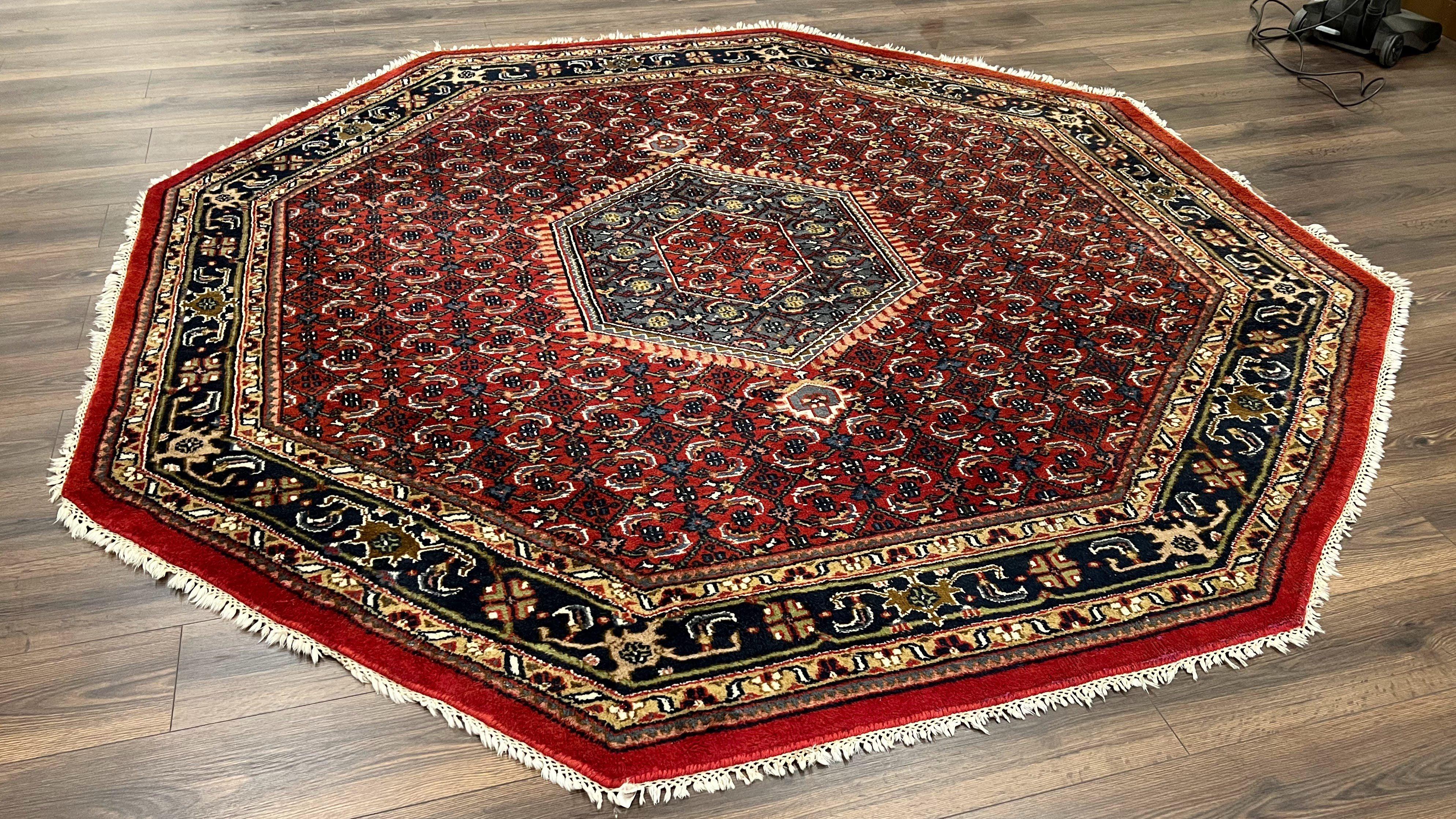 Octagon Rug 8 x 8 ft, Indo Persian Rug, Indian Rug 8x8, Red Black Gold, Hand Knotted Octagon Shaped Round Rug, Vintage Rug, Mahi Herati Wool - Jewel Rugs