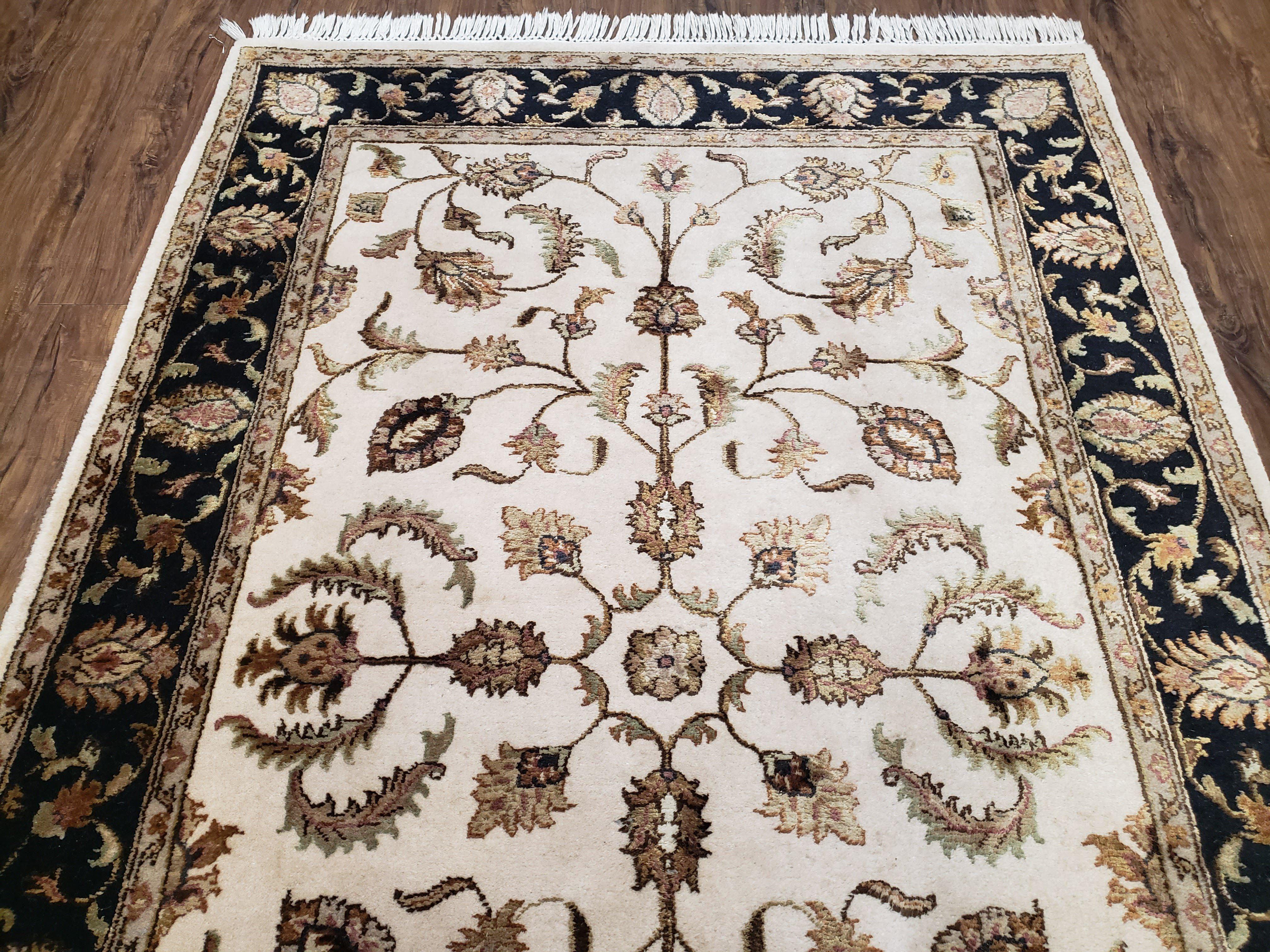 Pak Persian Rug 4x6 ft, Wool Rug with Silk Highlights, Pakistani Carpet 4 x 6, Ivory Black and Gold Rug, Allover Floral Pattern, Quality Rug - Jewel Rugs