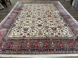 Beautiful Persian Sarouk Rug 10x14, Wool Hand-Knotted Ivory Antique Oriental Carpet 10 x 14, Ivory/Cream Red Blue, 1940s, Top Quality Fine Handmade - Jewel Rugs