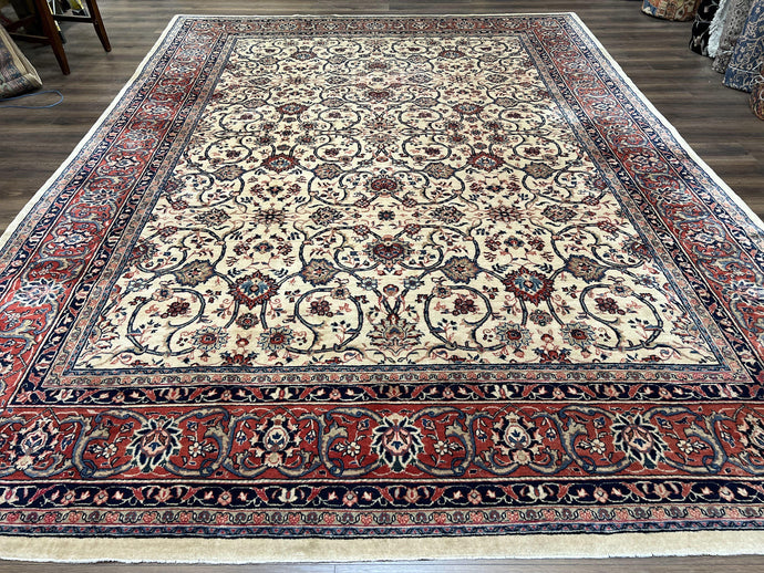 Beautiful Persian Sarouk Rug 10x14, Wool Hand-Knotted Ivory Antique Oriental Carpet 10 x 14, Ivory/Cream Red Blue, 1940s, Top Quality Fine Handmade - Jewel Rugs