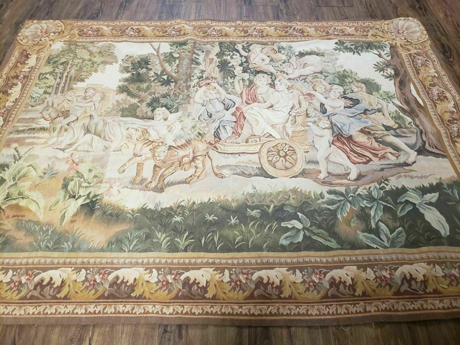 4' 6" X 6' Tapestry French Design Handmade Aubusson Weave Nature One Of A Kind - Jewel Rugs