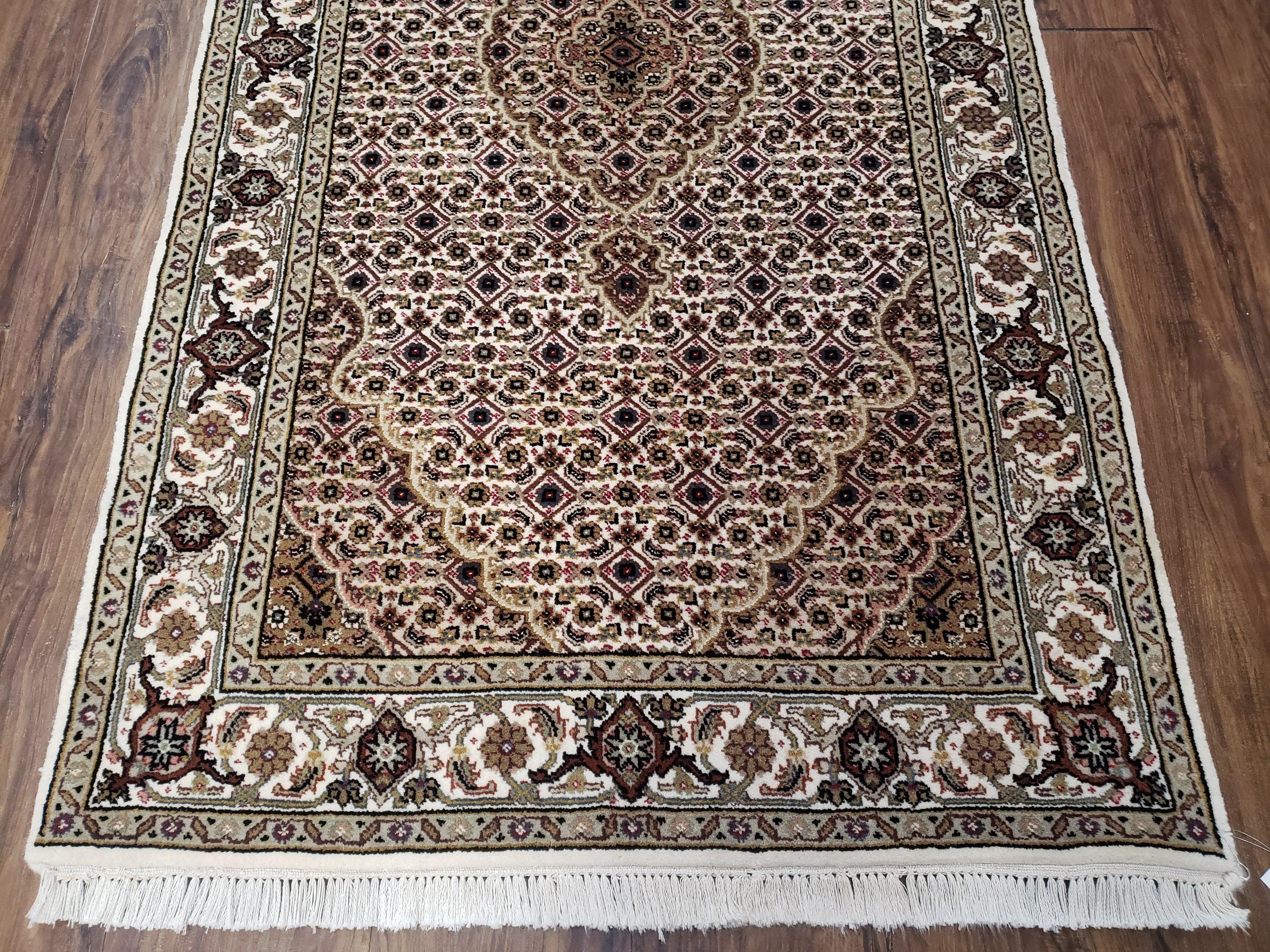 Indo Persian 3x5 Traditional Rug, Hand-Knotted, Vintage 1980s Allover Handmade Rug Ivory, Indo Mahal Oriental Rug, Medallion, Wool, 3 x 5 ft - Jewel Rugs