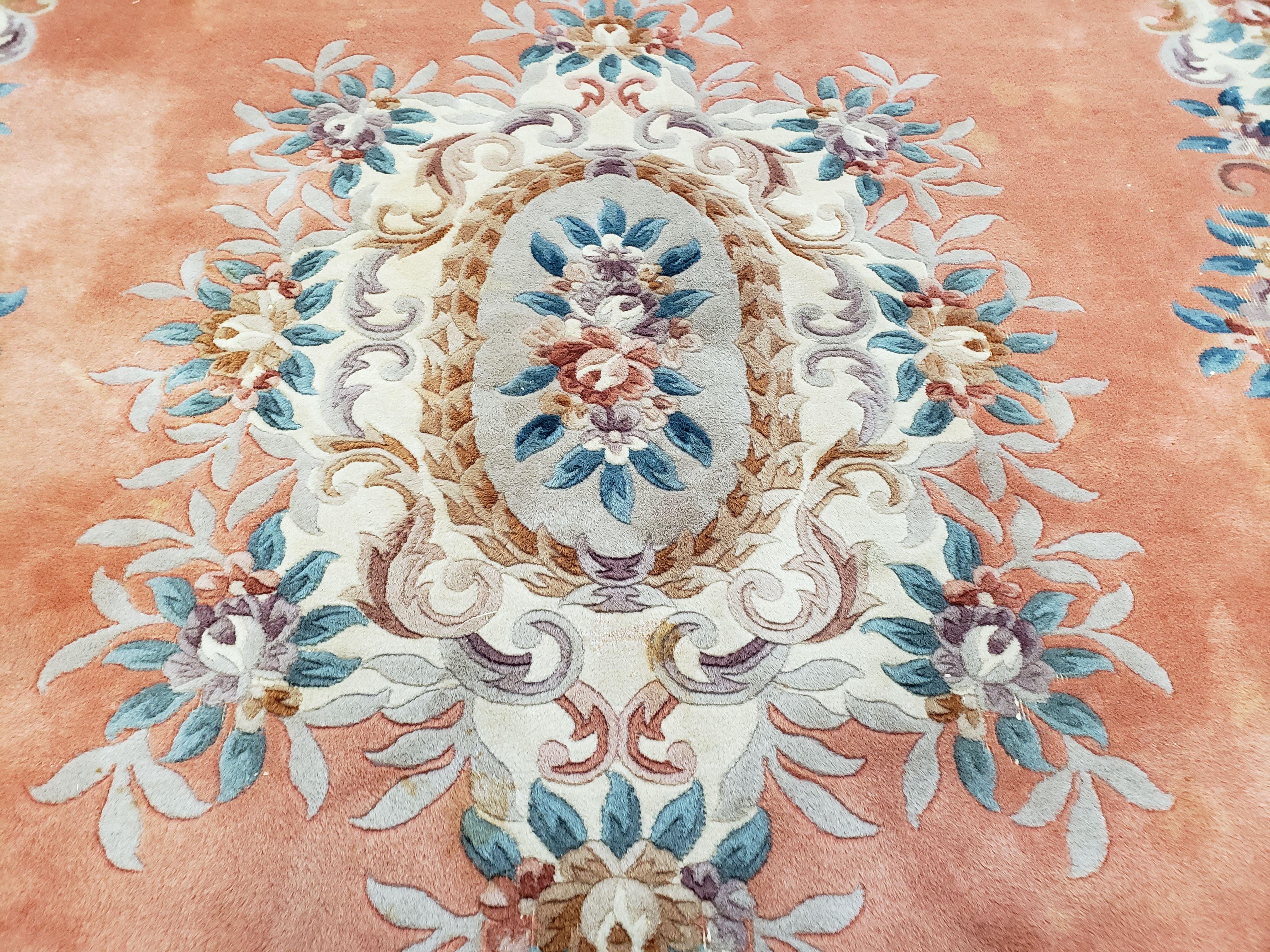 Vintage Chinese Aubusson Area Rug, Light Salmon Beige & Blue, Flowers, Plush Pile, Hand-Knotted, Chinese Art Deco Carpet, 8'3" x 11' 4" - Jewel Rugs