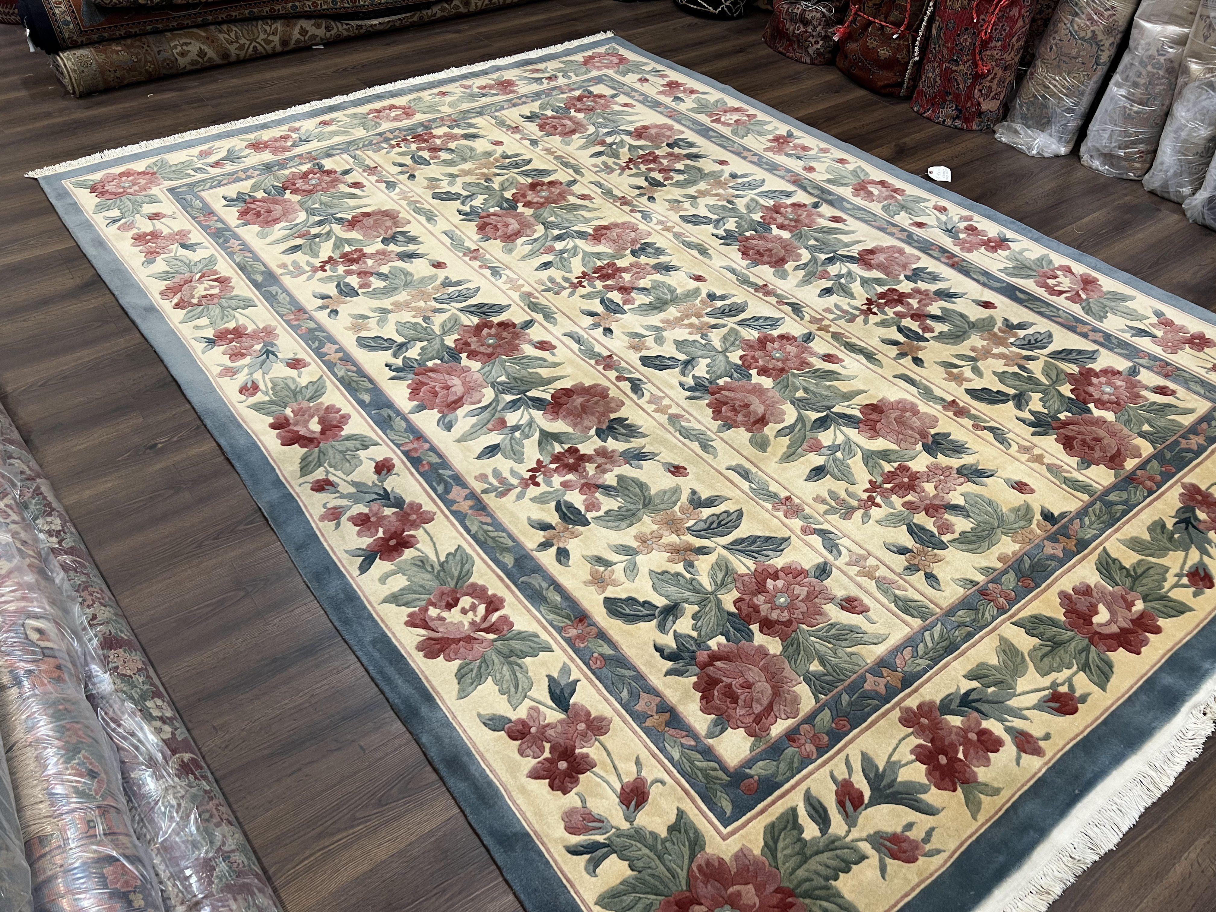 Chinese Wool Rug 8x11, Vintage 1960s Carpet, Cream and Teal