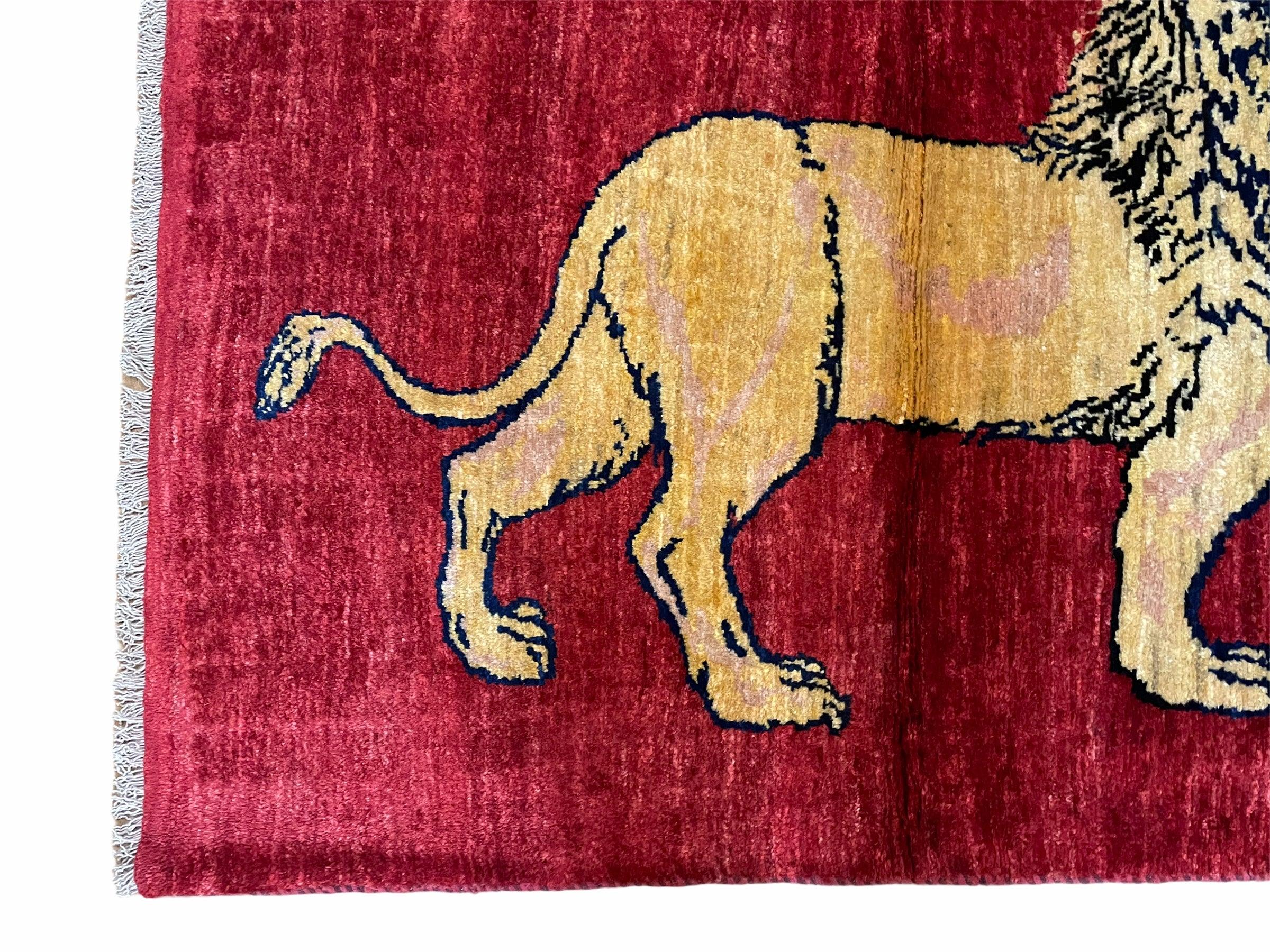 3 X 5 Handmade Hand-Knotted Quality Wool Rug New Vintage Lion Red Pictorial - Jewel Rugs