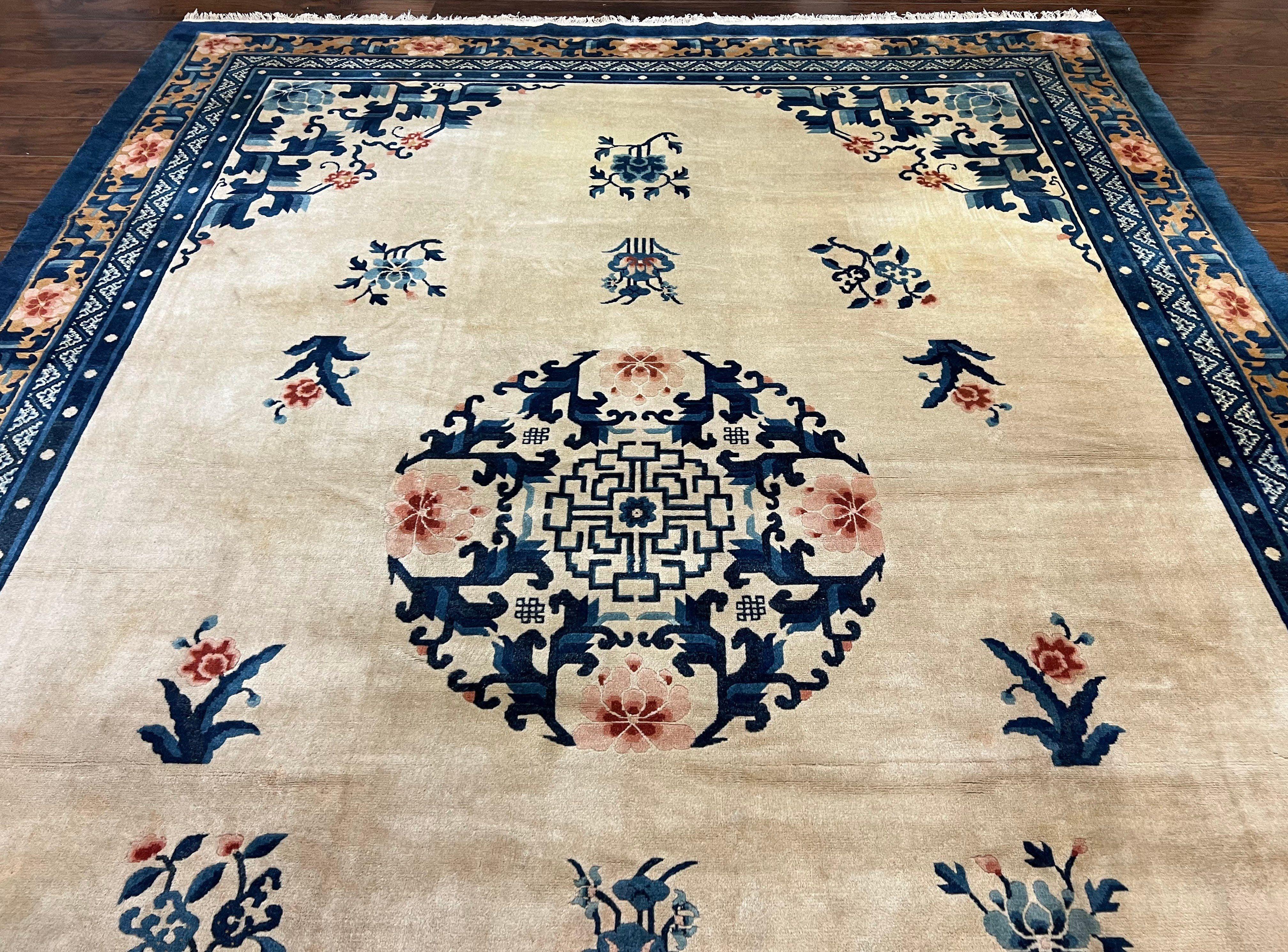 Chinese Peking Rug 9x12, Large Asian Oriental Carpet, Semi Antique Vintage Cream and Navy Blue Hand Knotted Wool Chinese Area Rug 9 x 12 ft - Jewel Rugs