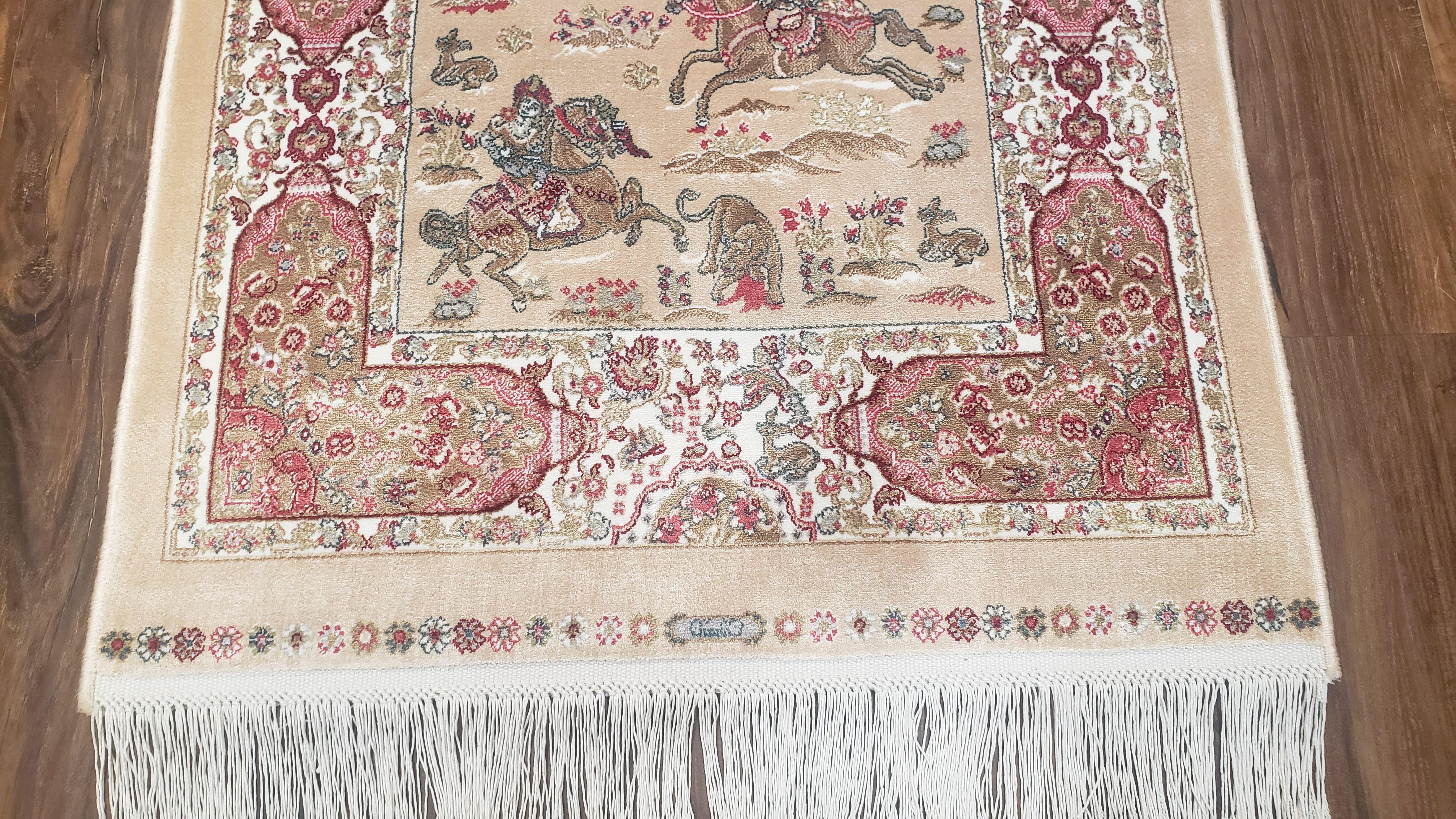 2x3 Silk Carpet, Small Hunting Rug, Hunting Scene, Tan Cream Brown Rug, Bamboo Silk Tapestry Wall Hanging Rug, Horses, New - Jewel Rugs