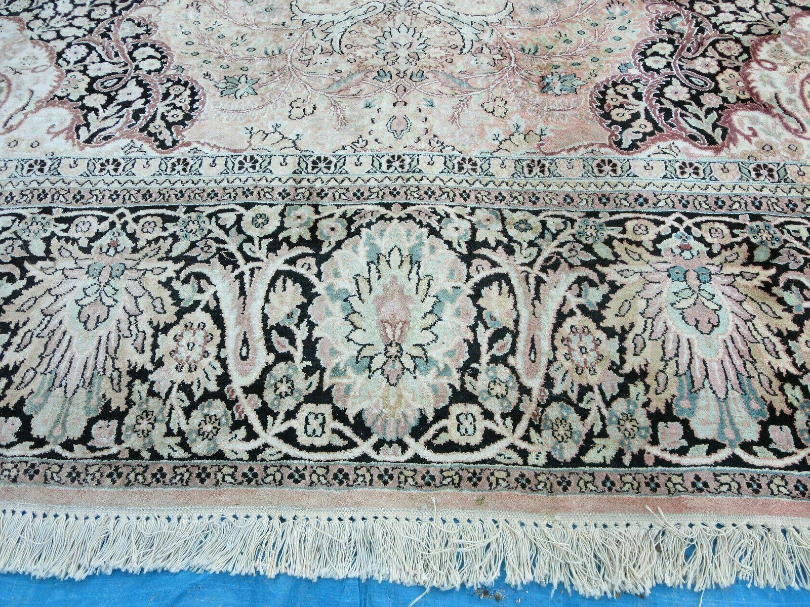 10x14 Large Silk Oriental Rug, Vintage Hand-Knotted Indian Kashmiri Silk Rug, Neutral Colors, High Quality, Great Condition, All Silk Carpet - Jewel Rugs
