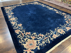 Chinese Art Deco Rug 9x12 Antique Rug 9 x 12 Nichol Rug, Peking Rug, Open Field Blue Chinese Carpet, Hand Knotted, Asian Oriental Rug Nice - Jewel Rugs