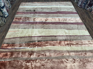Modern Tibetan Rug 8x11 Nepali Carpet, Shiny Velvely Soft Wool and Silk, Contemporary Hand Knotted Rug, Striped Design, Wool Area Rug 8 x 11 - Jewel Rugs