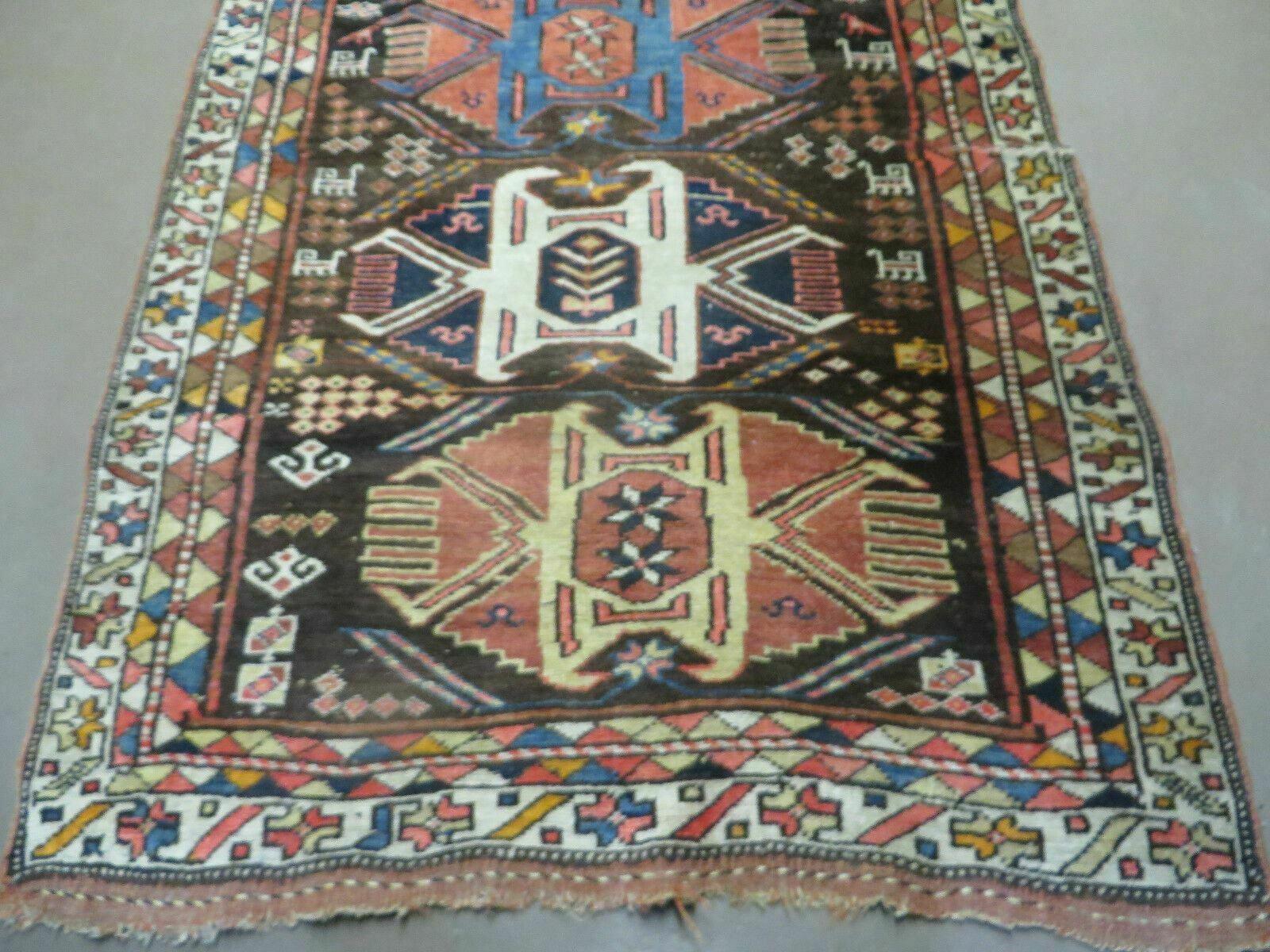 Antique Persian Runner Rug 3.7 x 9, Persian Shiraz Khamesh Rug, Geometric Medallions, Black Multicolor Hand Knotted Wool Hallway Rug, Tribal Animal Motifs, 9ft Runner - Jewel Rugs