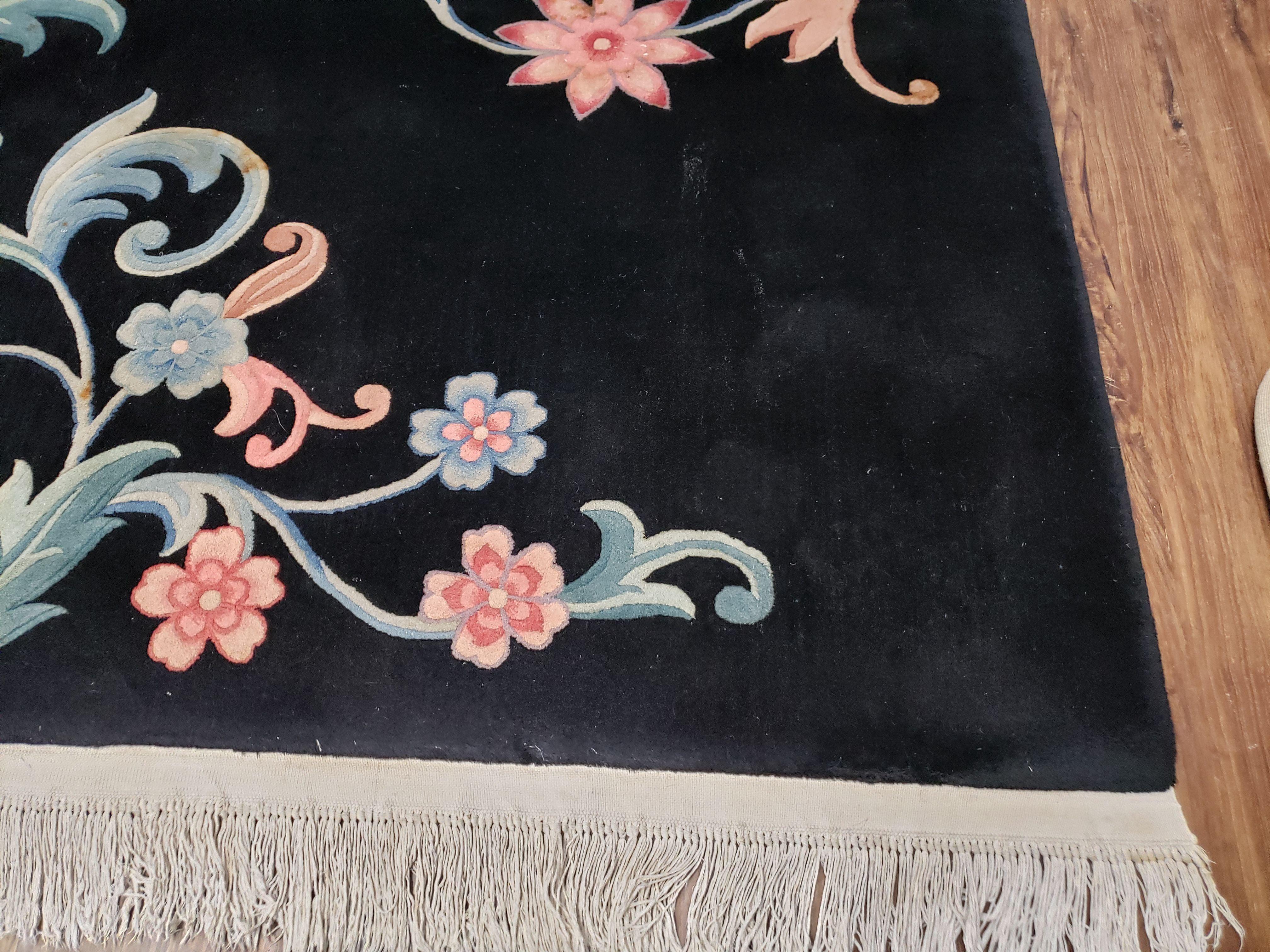 9x12 Chinese Art Deco Rug Black Wool Area Rug 120 Lines Flowers Handmade Carpet - Jewel Rugs