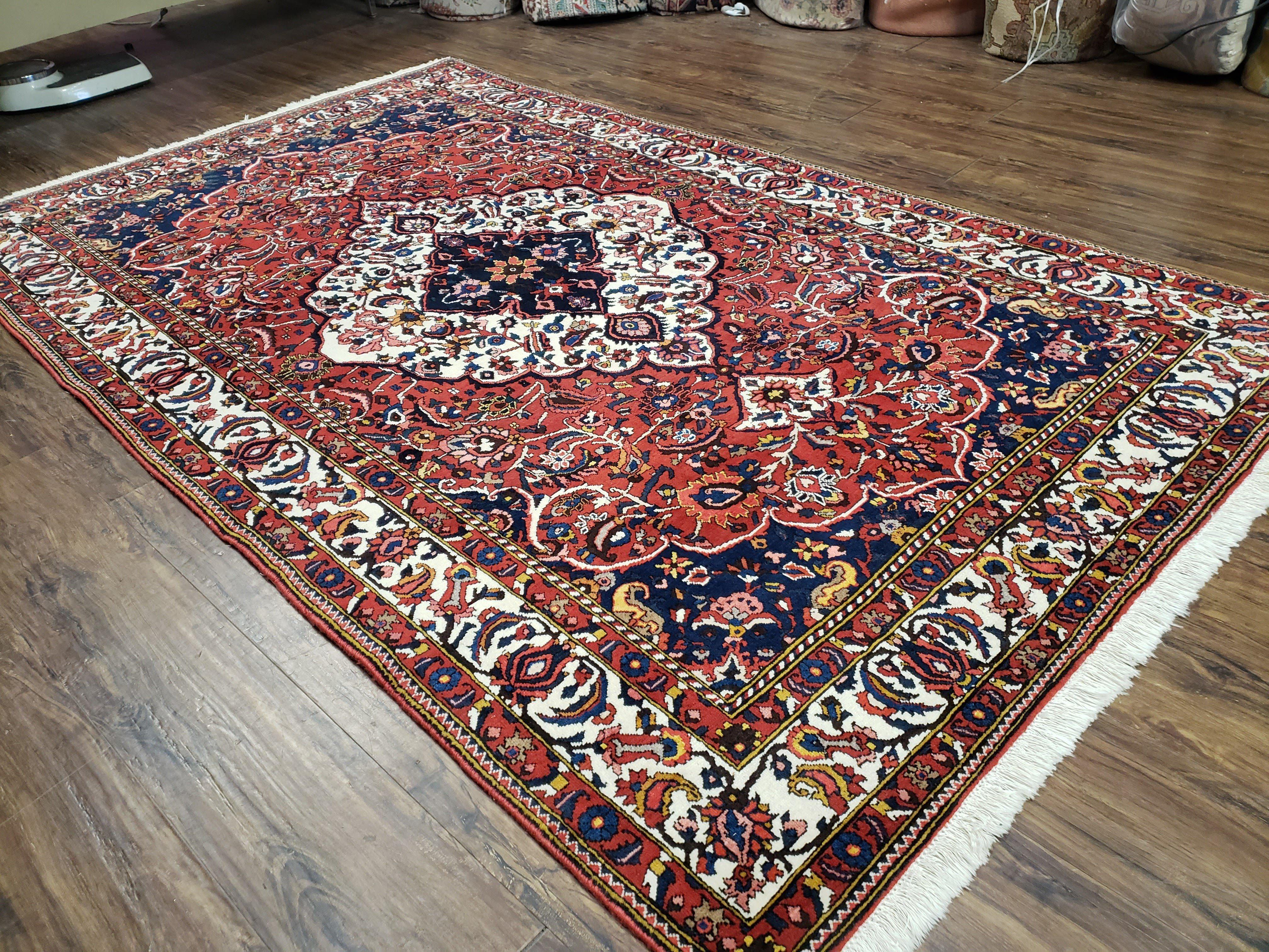 Semi Antique Persian Bakhtiari Rug, Hand-Knotted, Wool, Red, Midnight Blue, Ivory, Floral Medallion, 5'1" x 8' 6" - Jewel Rugs