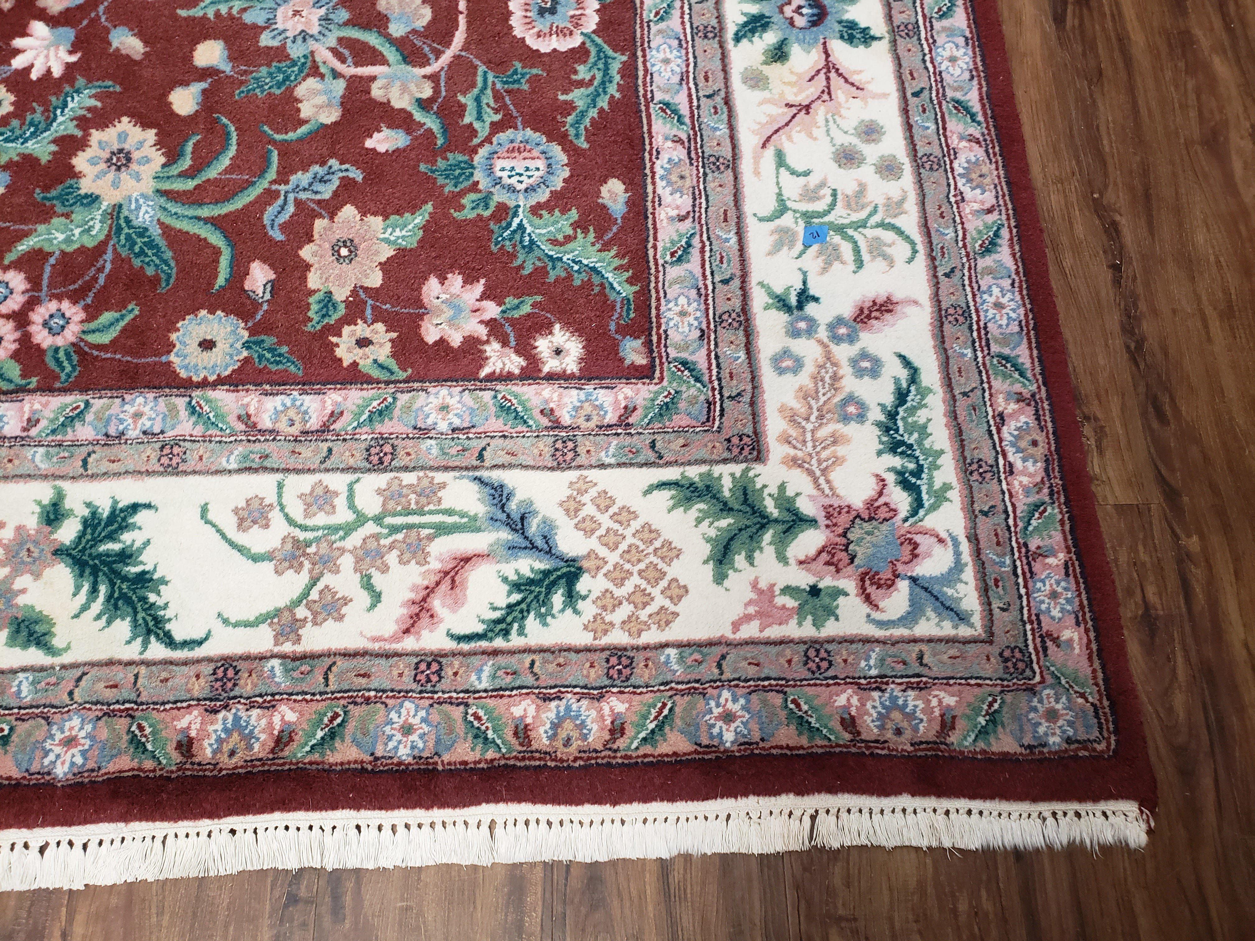 Indo Persian Rug 7.9 x 9.9 ft, Room Sized Indian Carpet, Wool Handmade Vintage Rug, Allover Floral Rug, Traditional Rug, Red Ivory Blue 8x10 - Jewel Rugs