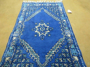 2'6" X 4'6" Vintage Hand-knotted Handmade Moroccan Urban Rabat Blue and Beige Wool Accent Rug - Jewel Rugs