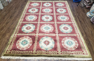Nepalese Aubusson Panel Rug 6x9, Red & Ivory Soft Plush Tibetan Pile Rug, Wool Hand-Knotted Carpet, 6 x 9 Elegant Area Rug, Office Room Rug - Jewel Rugs
