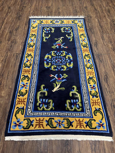 Chinese Art Deco Rug 3 x 5.9, Handmade Chinese Peking Carpet, Dark Blue and Gold, Medallion, Asian Oriental 3x6 Hand Knotted Vintage Rug - Jewel Rugs