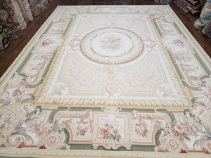 9x12 Vintage Aubusson Rug, Wool Needlepoint Rug 9 x 12, Chinese Aubusson Flat Weave Carpet, Living Room Rug, Ivory Beige Cream, High Quality - Jewel Rugs
