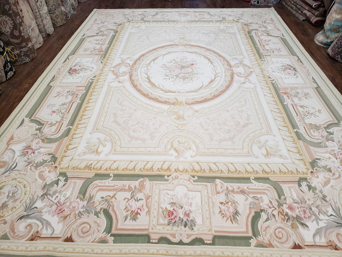 9x12 Vintage Aubusson Rug, Wool Needlepoint Rug 9 x 12, Chinese Aubusson Flat Weave Carpet, Living Room Rug, Ivory Beige Cream, High Quality - Jewel Rugs