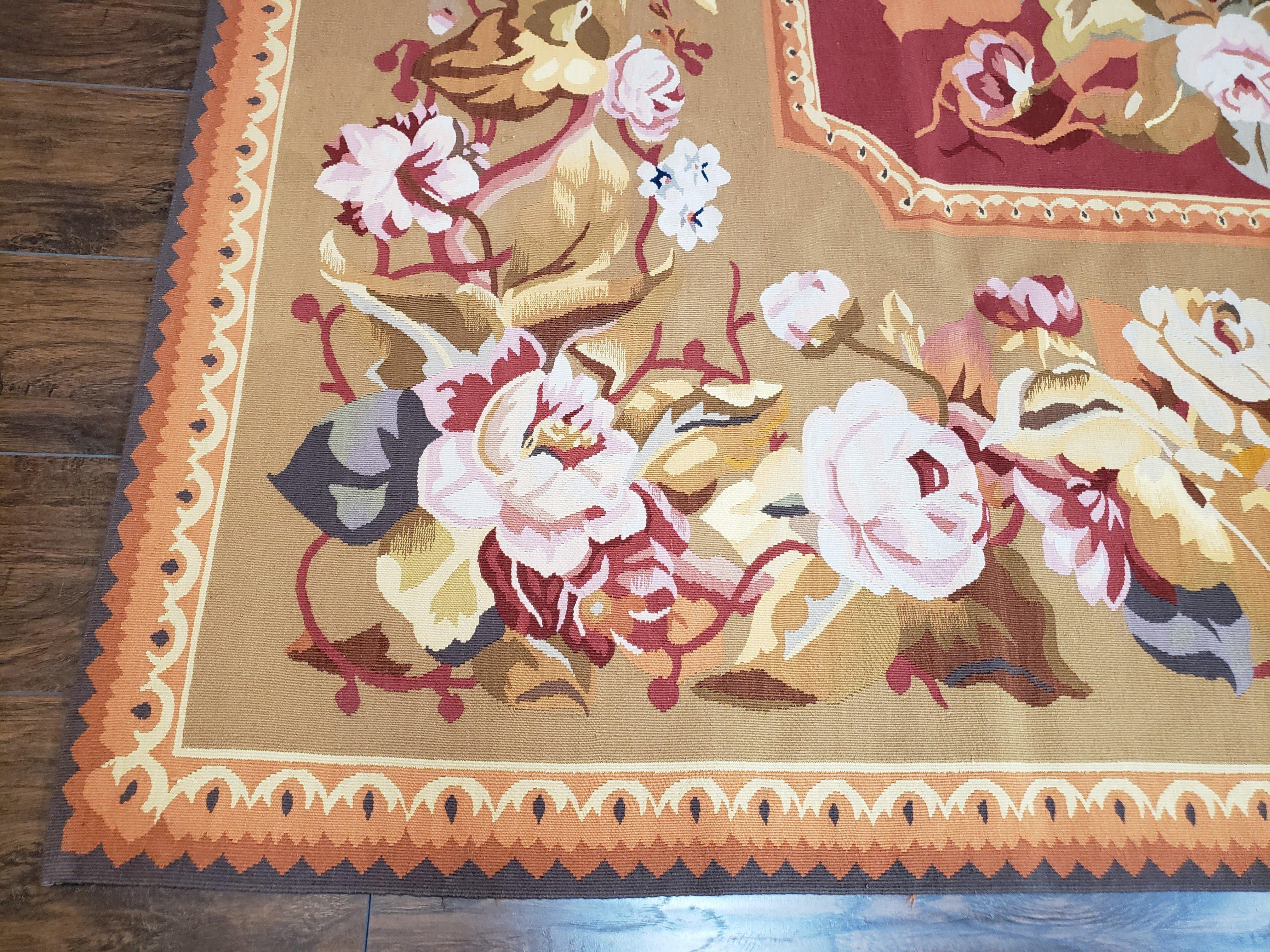 Vintage Chinese Aubusson Savonnerie Flat Pile Rug 9.9 x 14.5 Wool Handwoven Red & Khaki Large Flowers Rug 9x14 - 10x15 Michaelian Kolhberg - Jewel Rugs