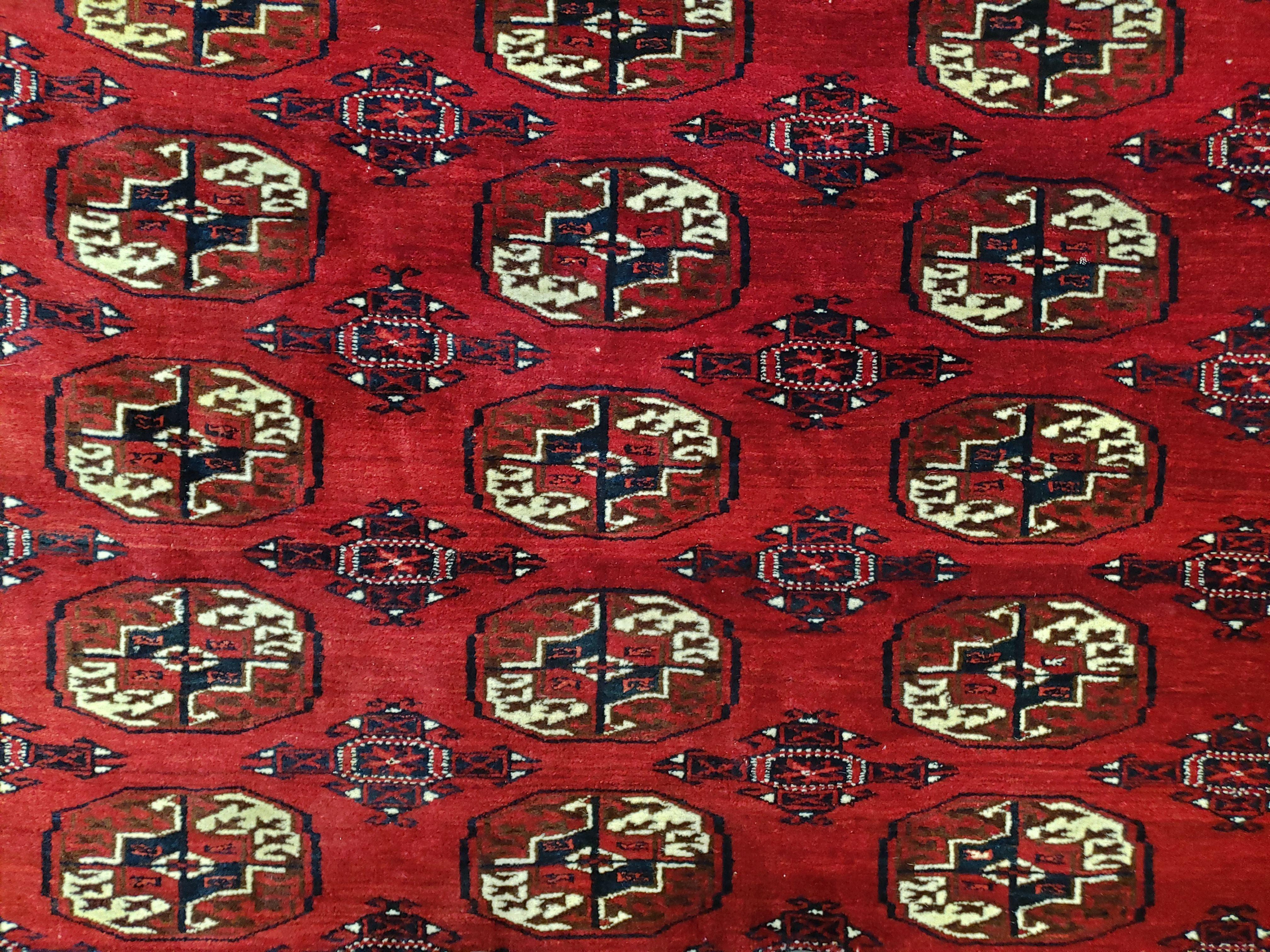 Persian Turkoman Rug 8 x 12.5, Bokhara Turkoman Carpet, Fine Oriental Rug, Vintage Wool Handmade Area Rug, Red Black Cream, Room Sized - Jewel Rugs