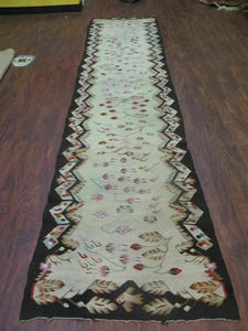 2' 7"X 11' Vintage Handmade Bessarabian Flat Weave Wool Rug Runner Beige and Black - Jewel Rugs