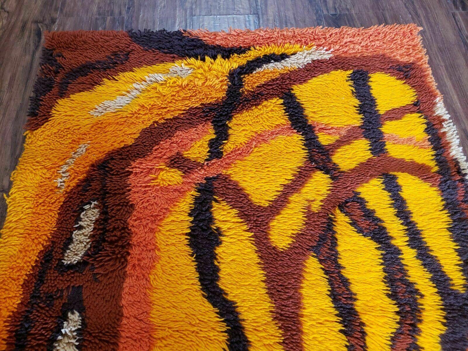 3' 4" X 5' 1960s Danish Ege Rya Shag DeLuxe Rug Mid-Century Modern Yellow Orange - Jewel Rugs