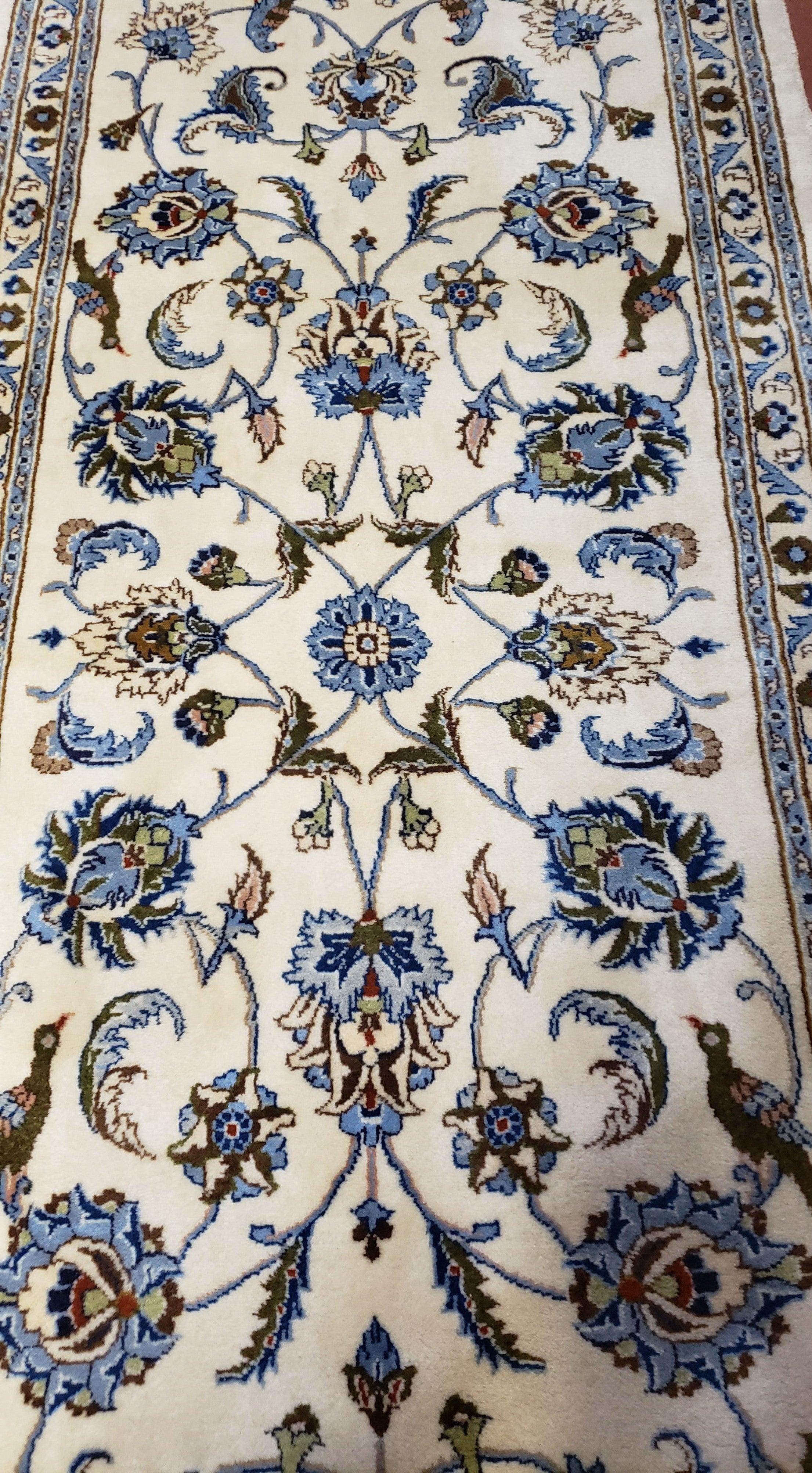 Vintage Persian Kashan Runner, 3 x 8 ft, Ivory & Light Blue, Birds, Wool, Hand-Knotted - Jewel Rugs