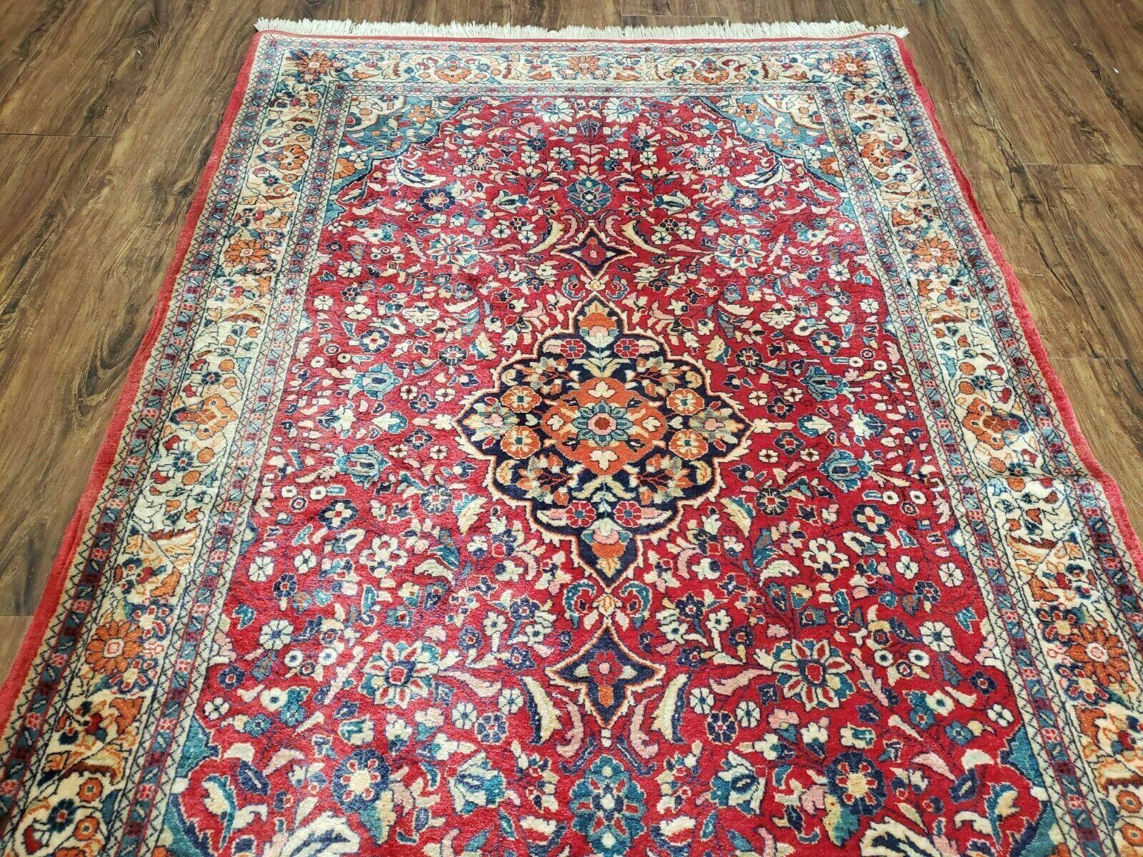 3' 6" X 5' 5" Handmade Knotted India Floral Wool Rug Hand Knotted Carpet Red - Jewel Rugs