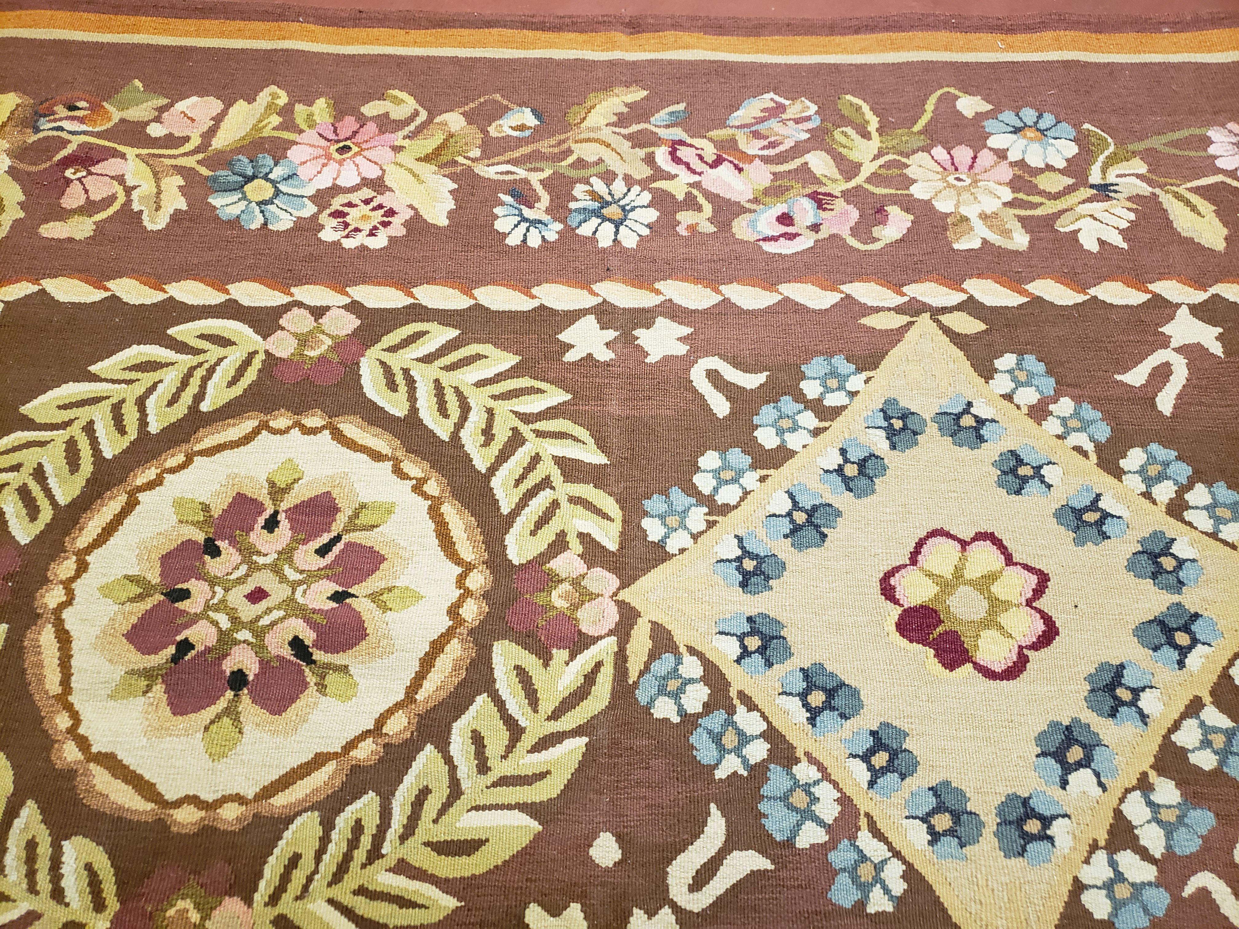 Aubusson Rug 6 x 9 Flat Weave Area Carpet European Design Flowers New Brown Rug Handmade Wool Hand-Knotted Aubusson Weave Medium Rug 6x9 - Jewel Rugs